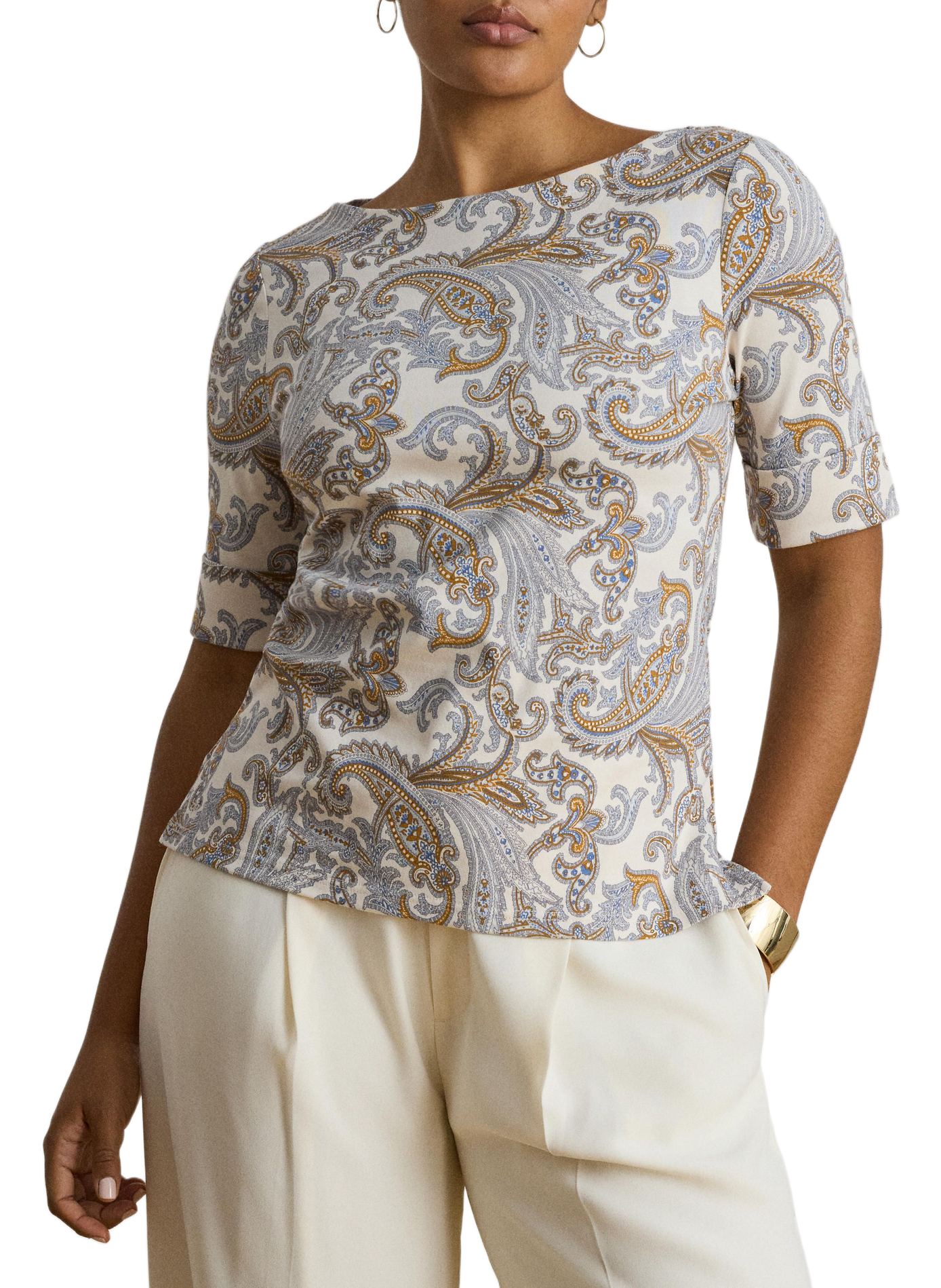 Printed boat neck t-shirt in blended cotton LAUREN White