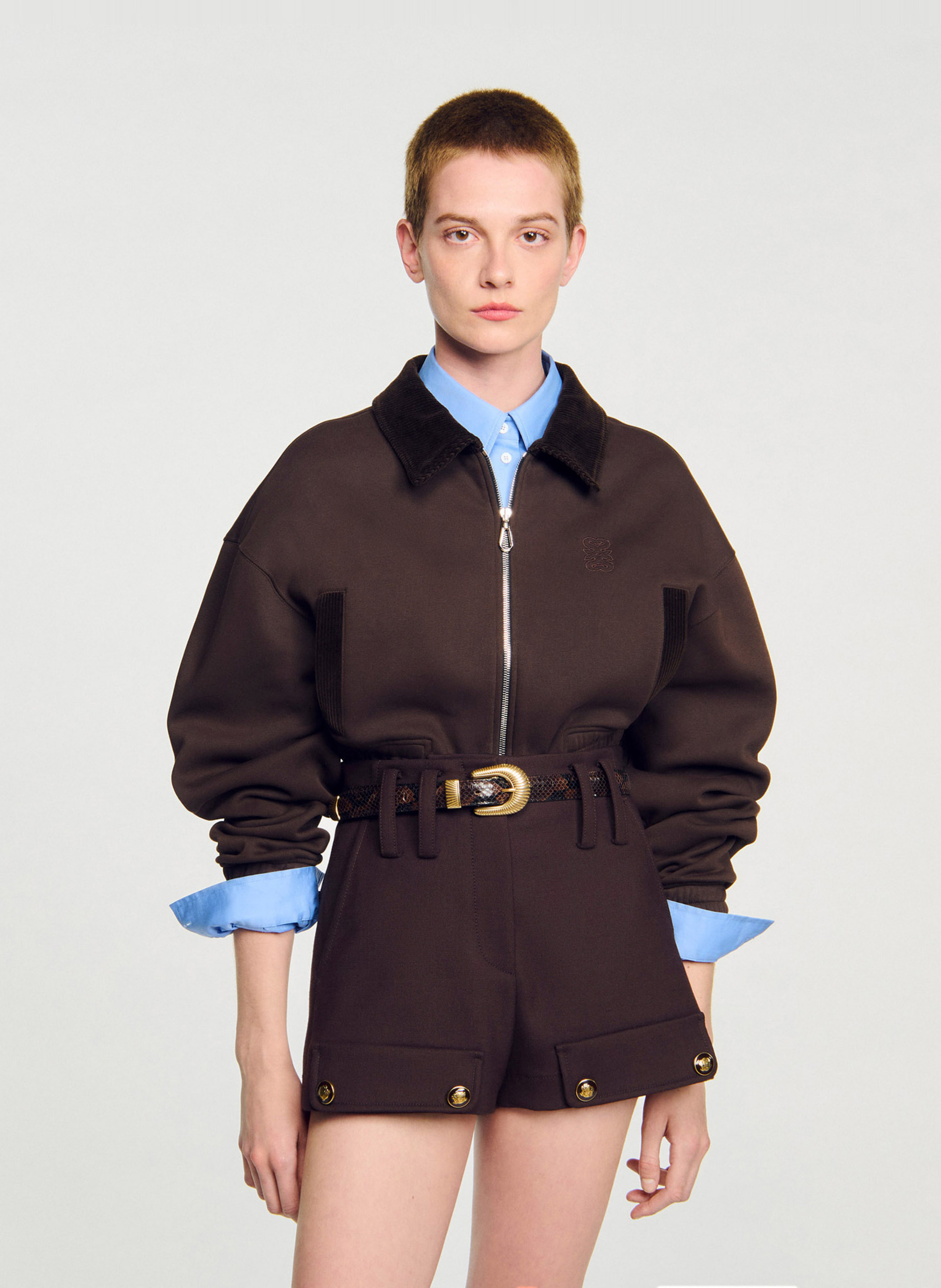 SANDRO Sweat zippé col classique en coton mélangé Marron