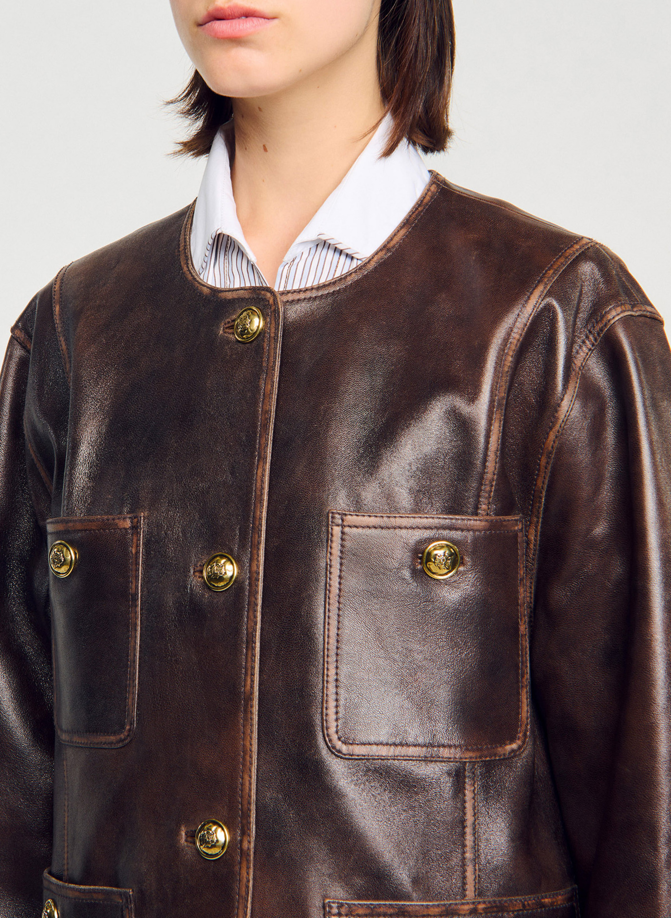 Blouson col rond en cuir SANDRO Marron