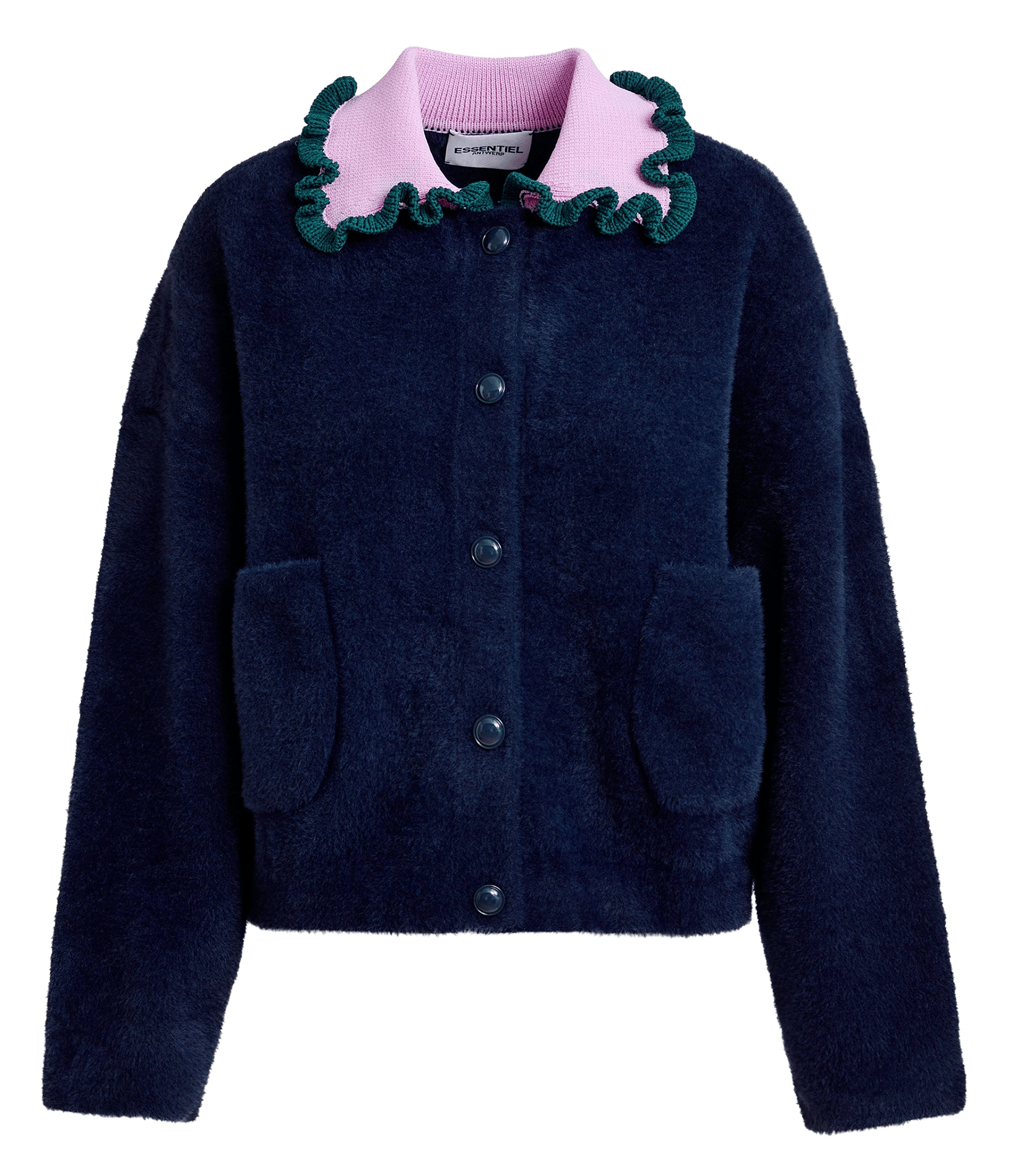 Cardigan droit col classique en maille jardener ESSENTIEL ANTWERP Bleu