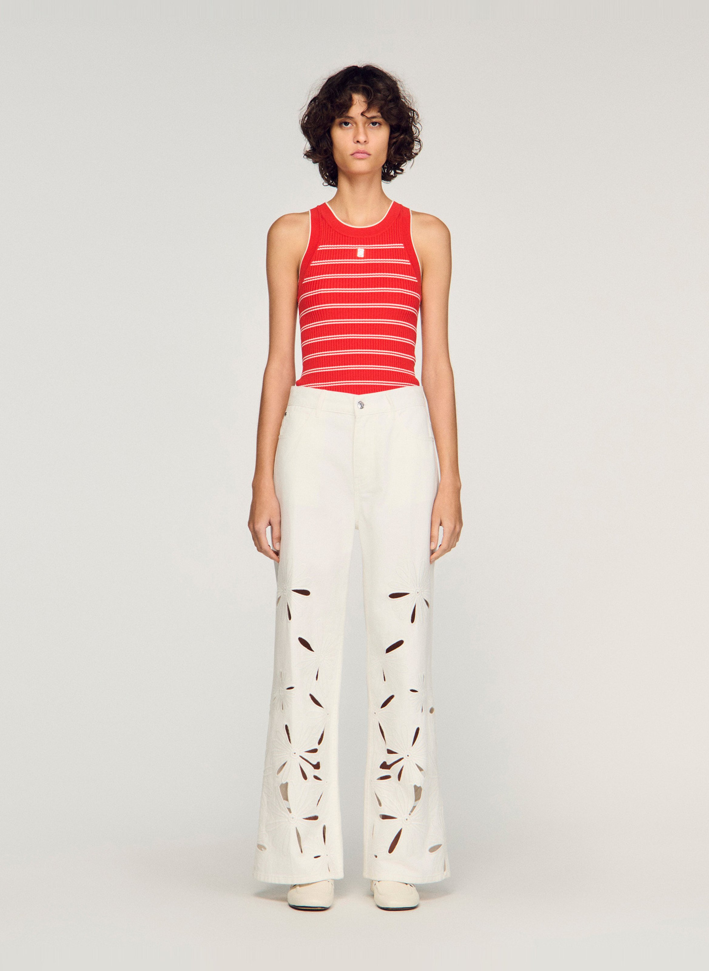 Jean large brodé en coton SANDRO Blanc