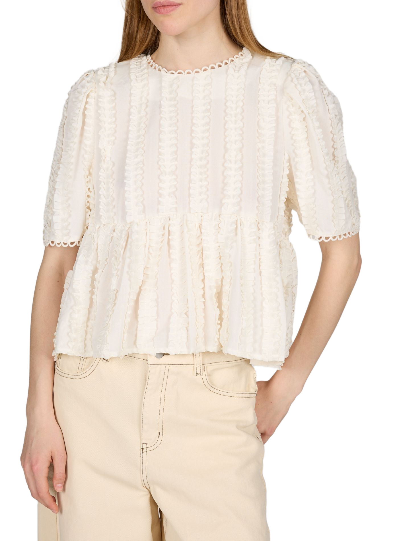 Top with ruffled round neckline scalloped OBJECT Beige