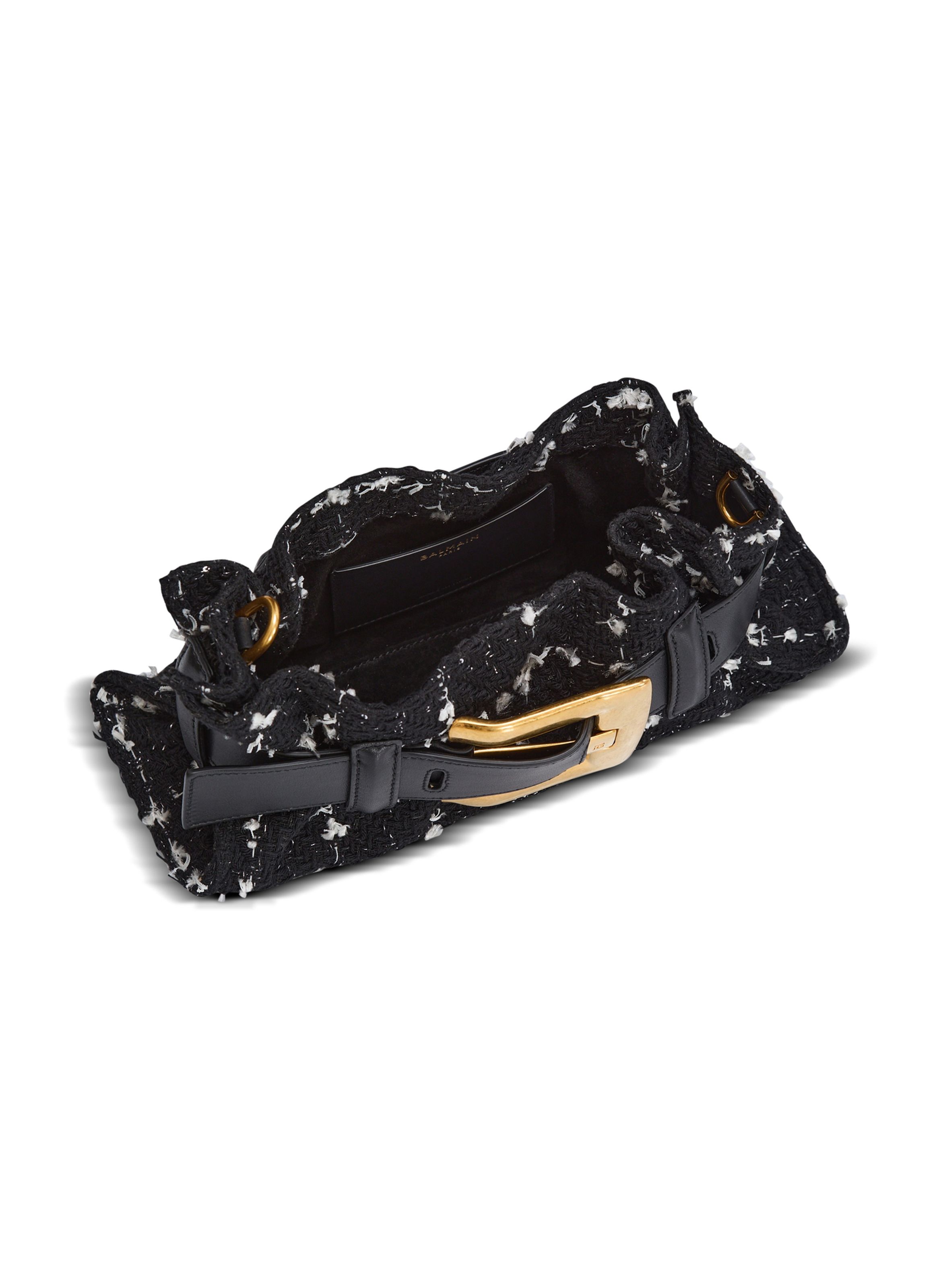 Sac anthem mini en tweed et cuir lisse BALMAIN Noir