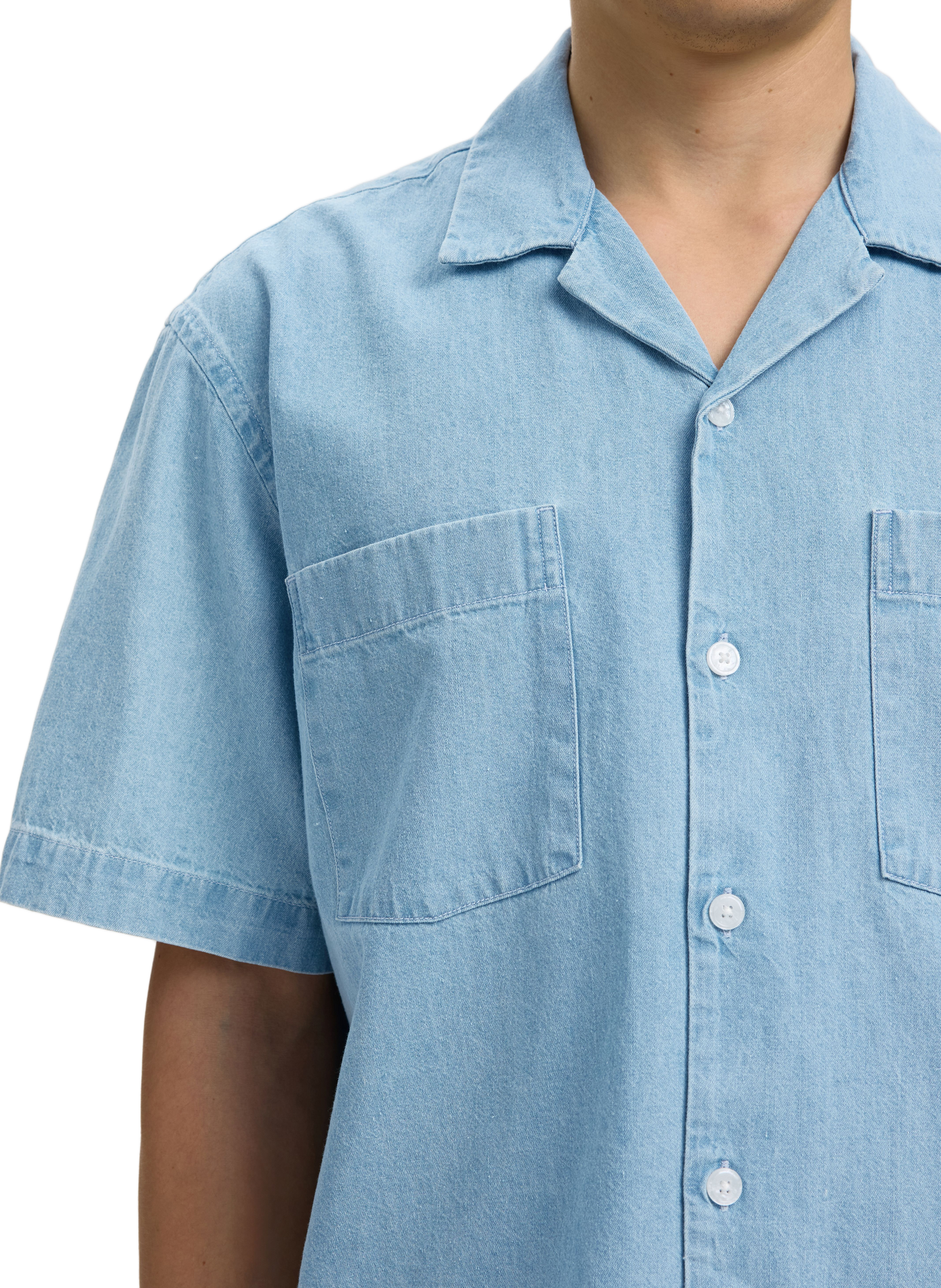 Short-sleeved Cuban collar shirt in cotton SELECTED Blue