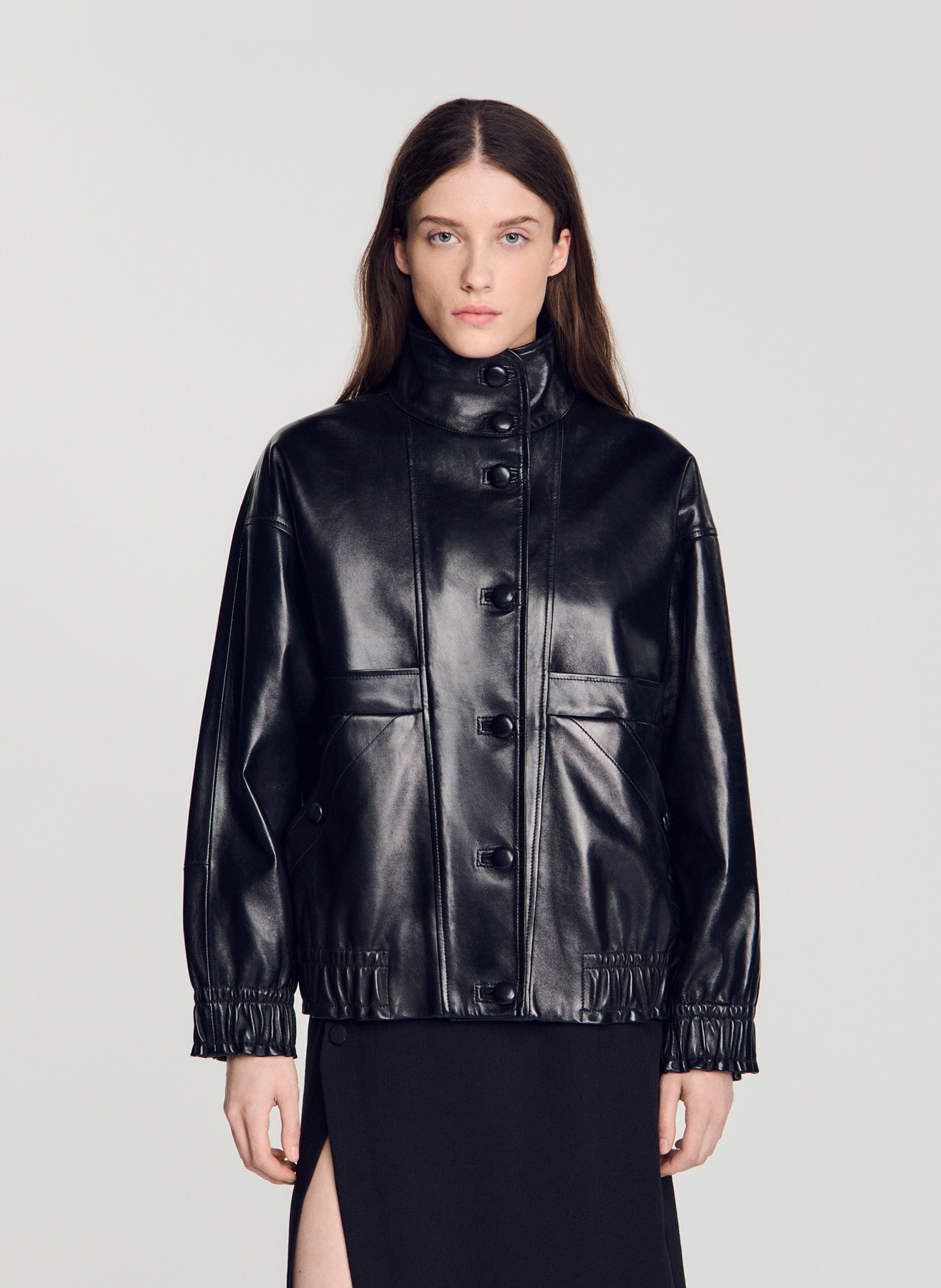 Blouson oversize en cuir SANDRO Noir