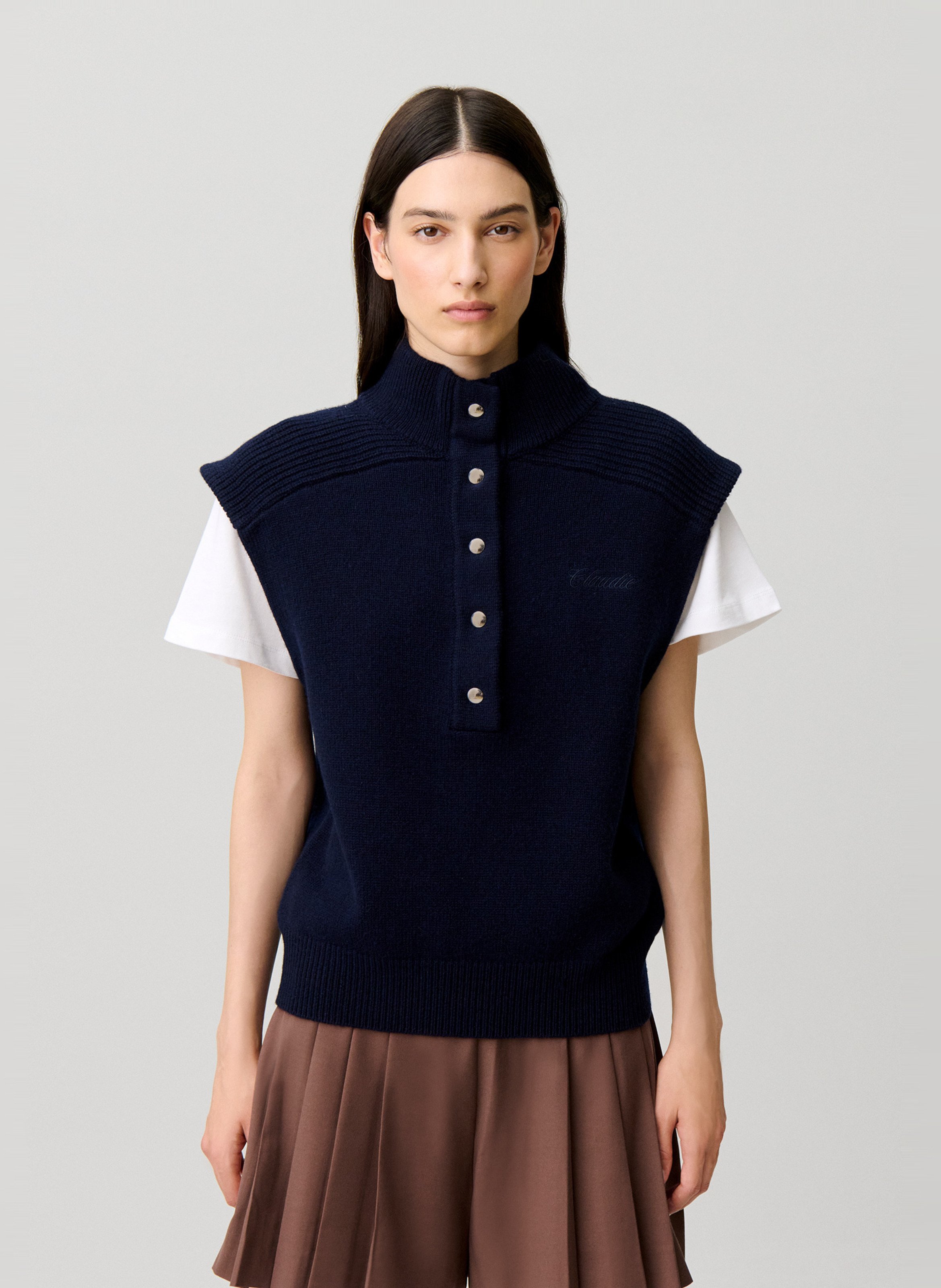 Pull cintré sans manches uni en laine CLAUDIE PIERLOT Bleu