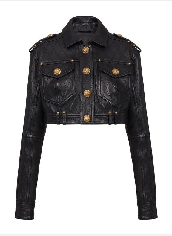 Veste courte en cuir surpiqué Noir by BALMAIN BALMAIN Veste courte en cuir surpiqué Noir