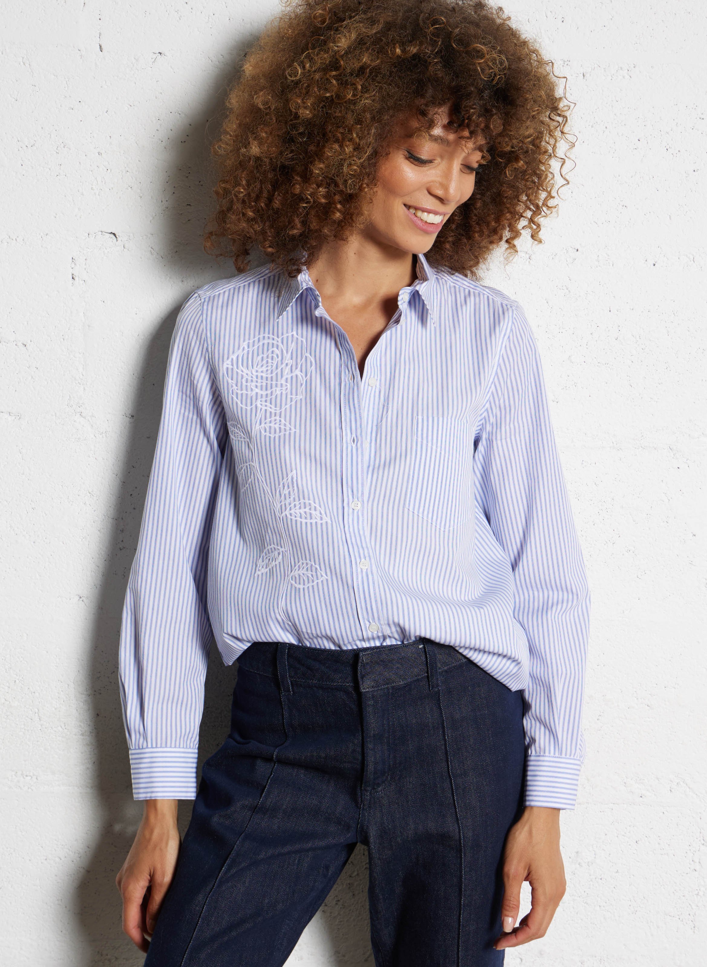 Chemise droite en coton rayé IKKS Bleu