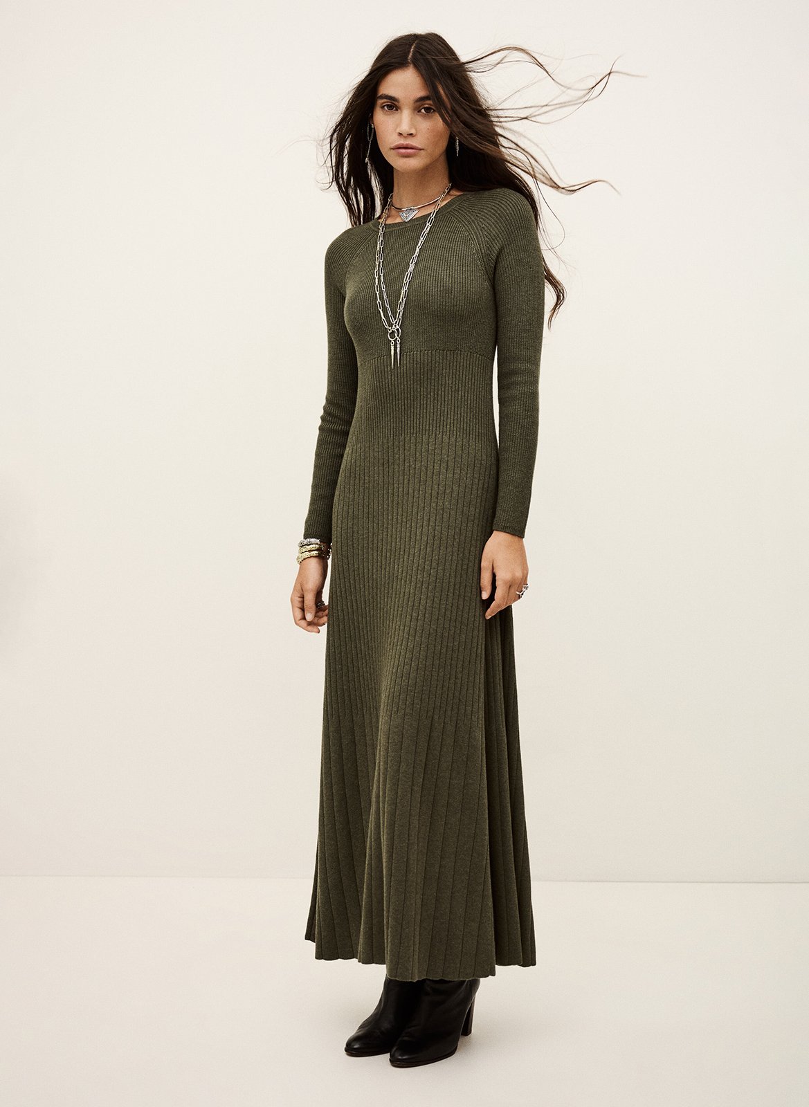 Robe longue col rond en laine mélangée elise BA&SH Kaki