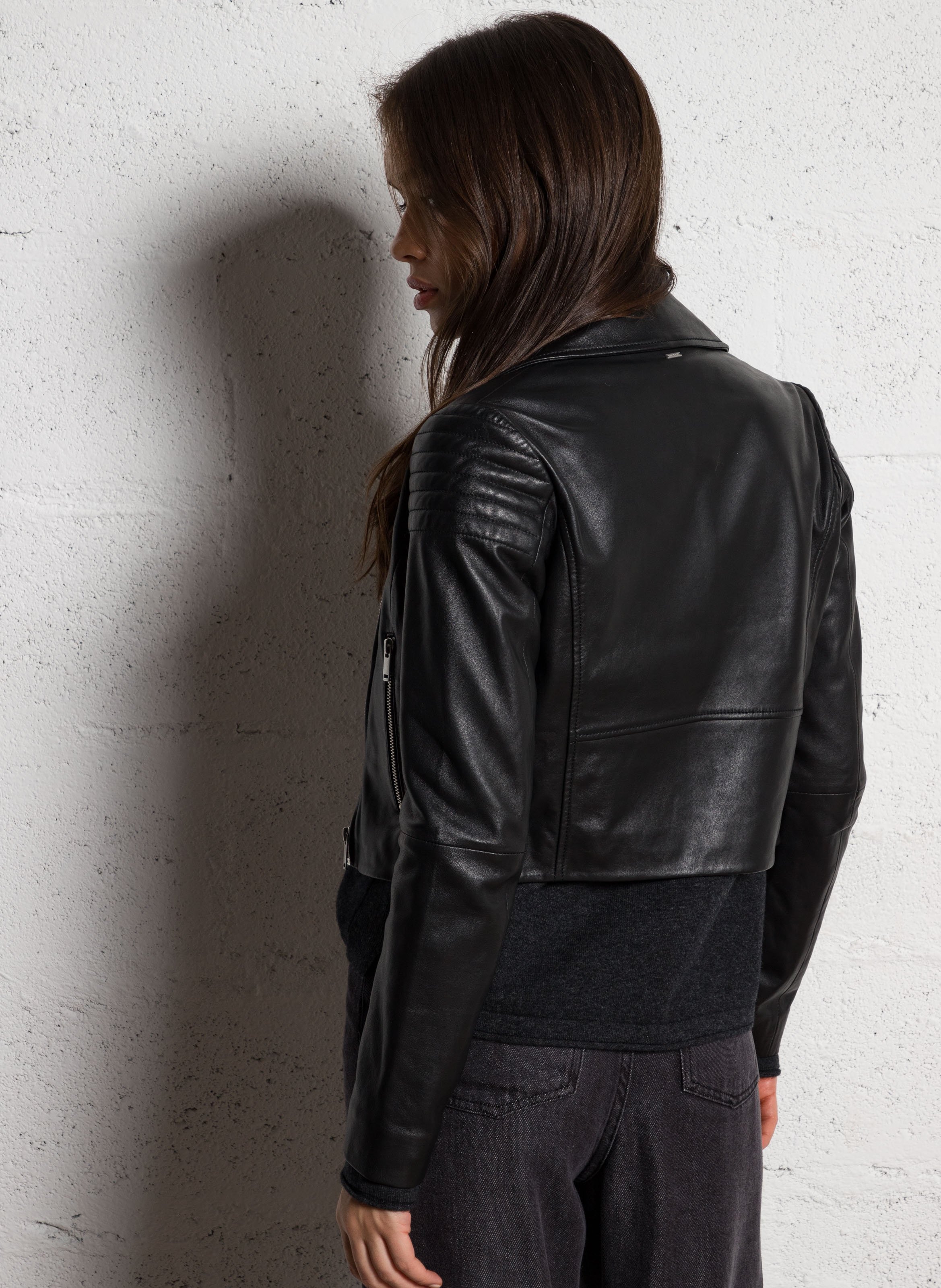 Blouson col tailleur en cuir d'agneau IKKS Noir