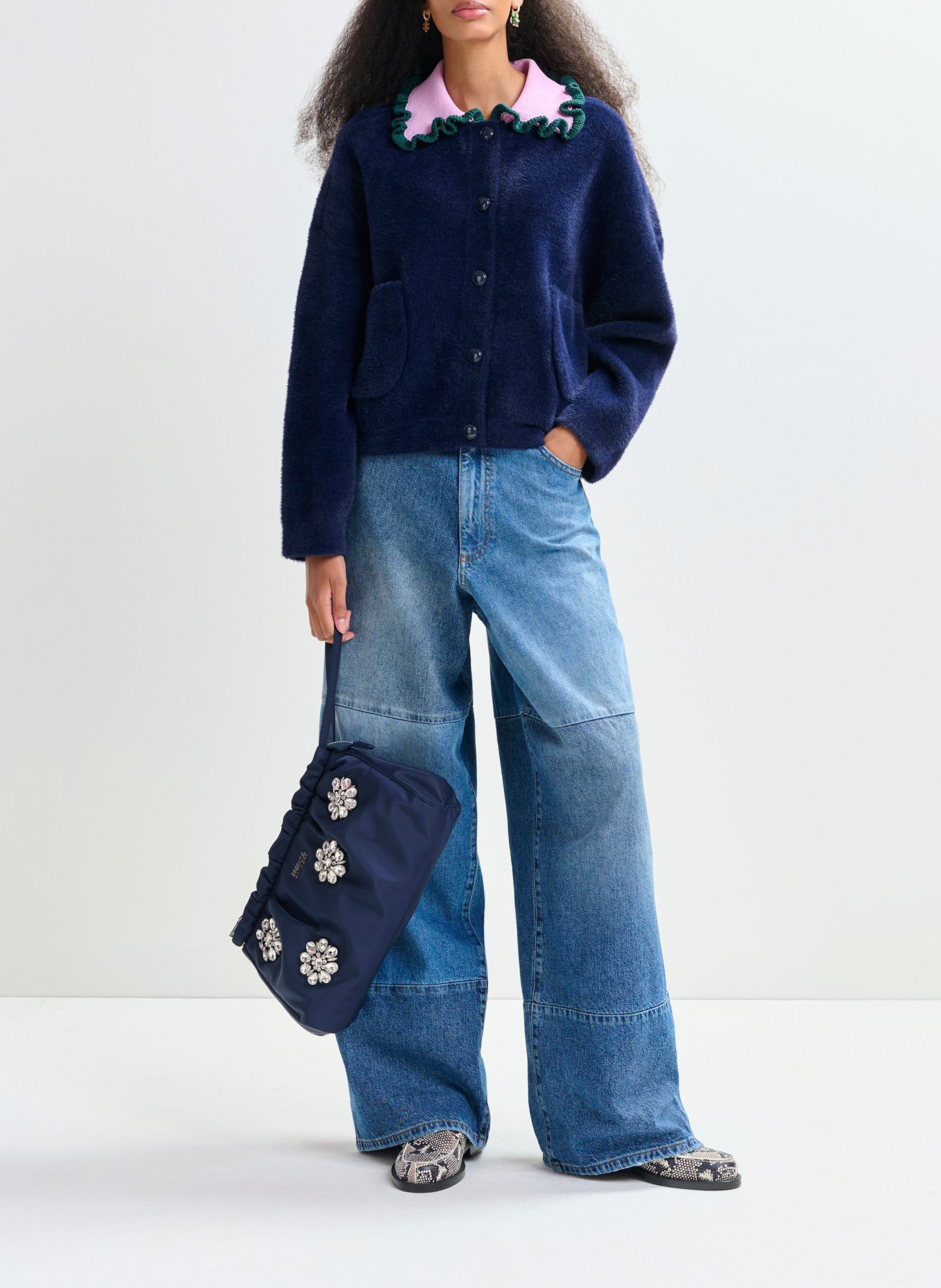 Cardigan droit col classique en maille jardener ESSENTIEL ANTWERP Bleu