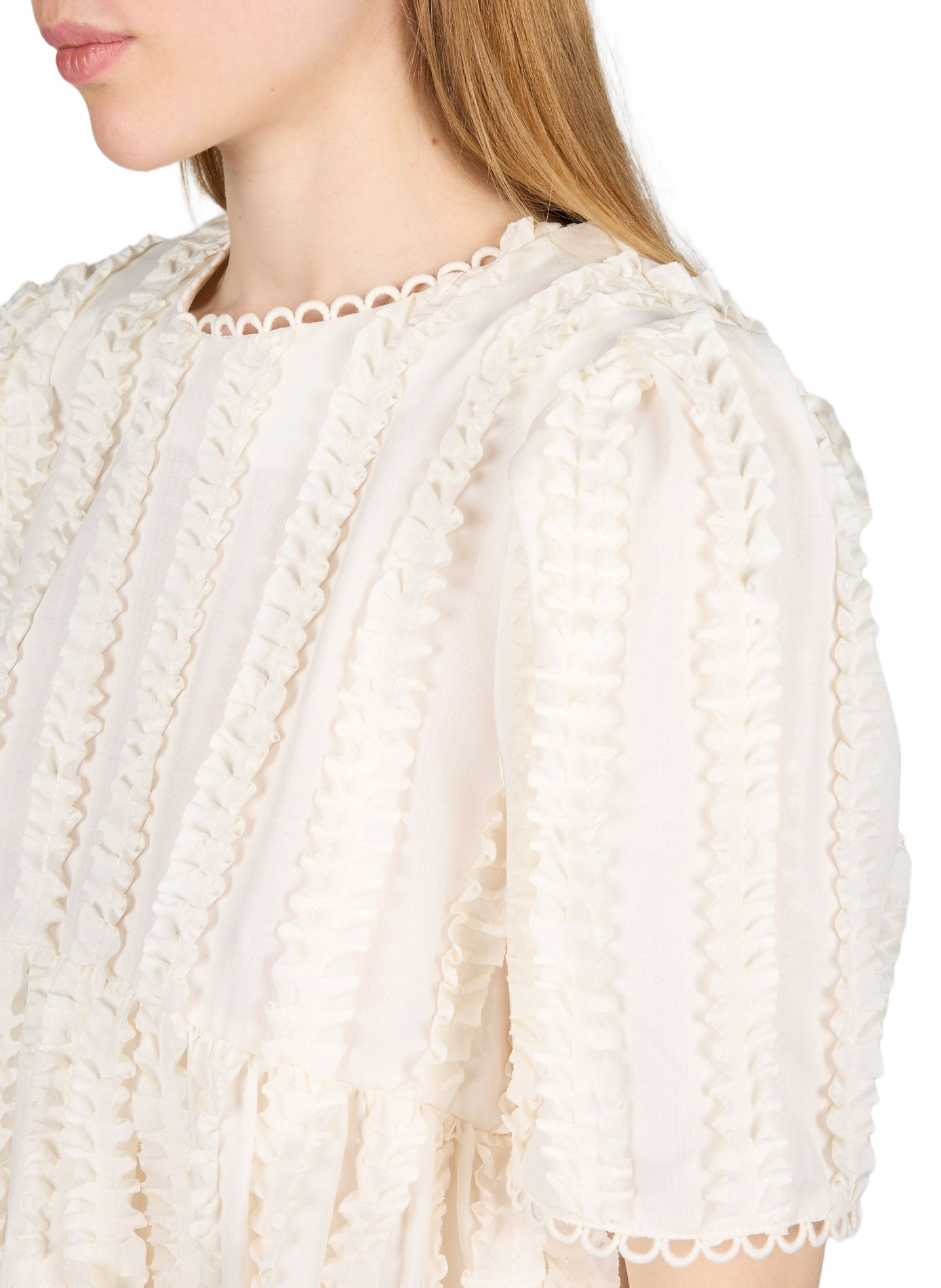 Top with ruffled round neckline scalloped OBJECT Beige