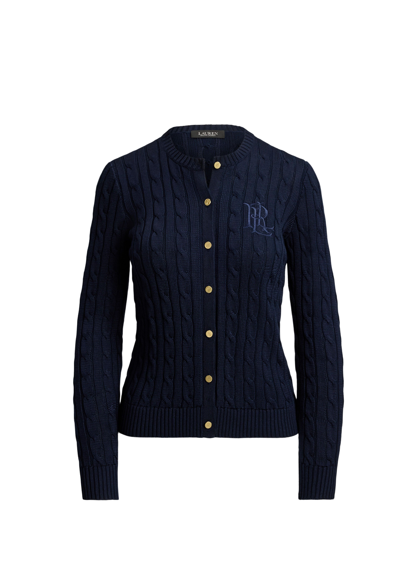 Cardigan with embroidered logo in twisted knit cotton. LAUREN Blue
