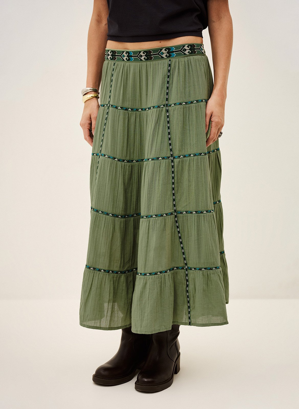 Jupe longue évasée à broderies paloma BA&SH Vert