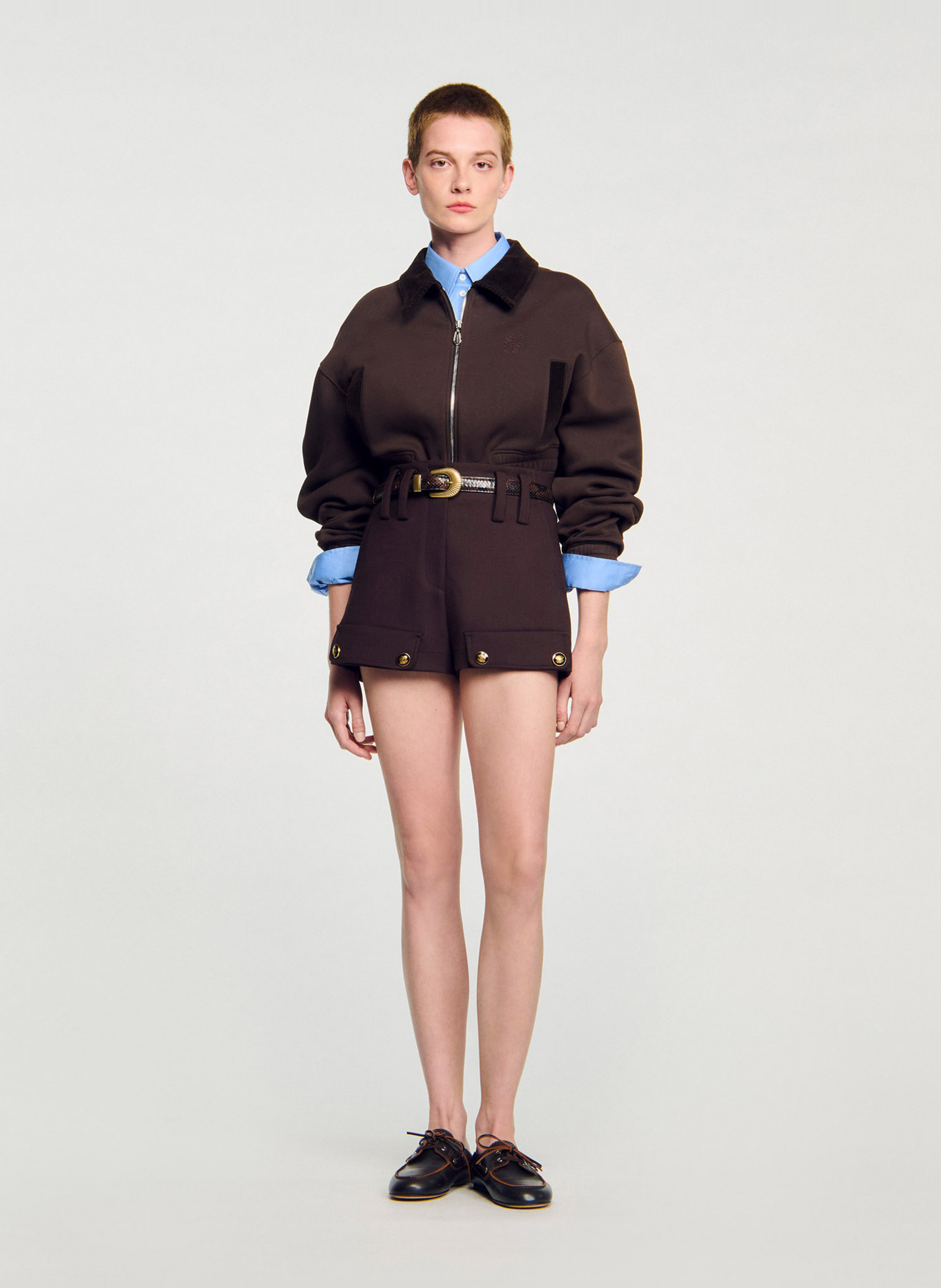 Sweat zippé col classique en coton mélangé SANDRO Marron