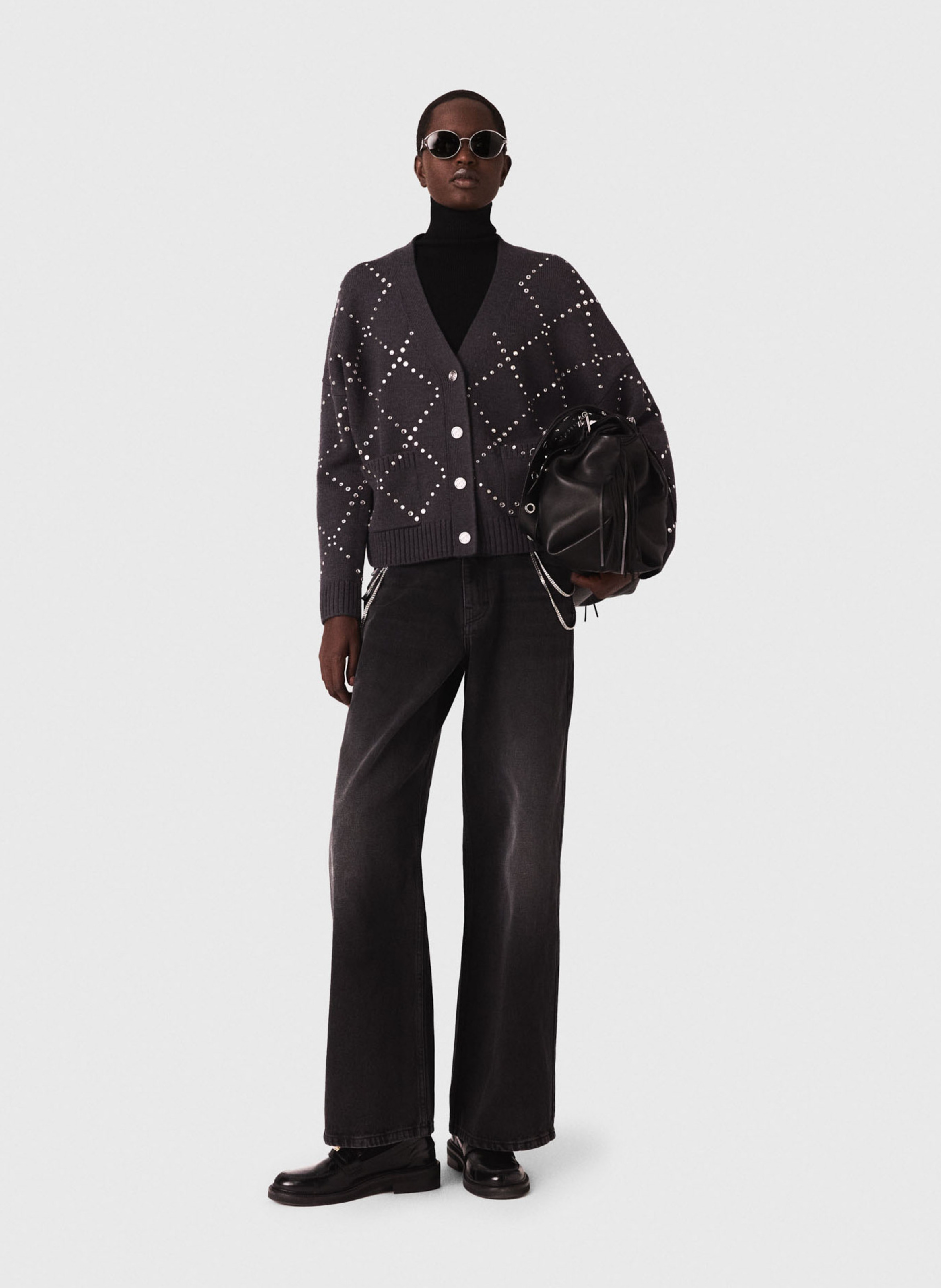 Gilet col v à strass Gris