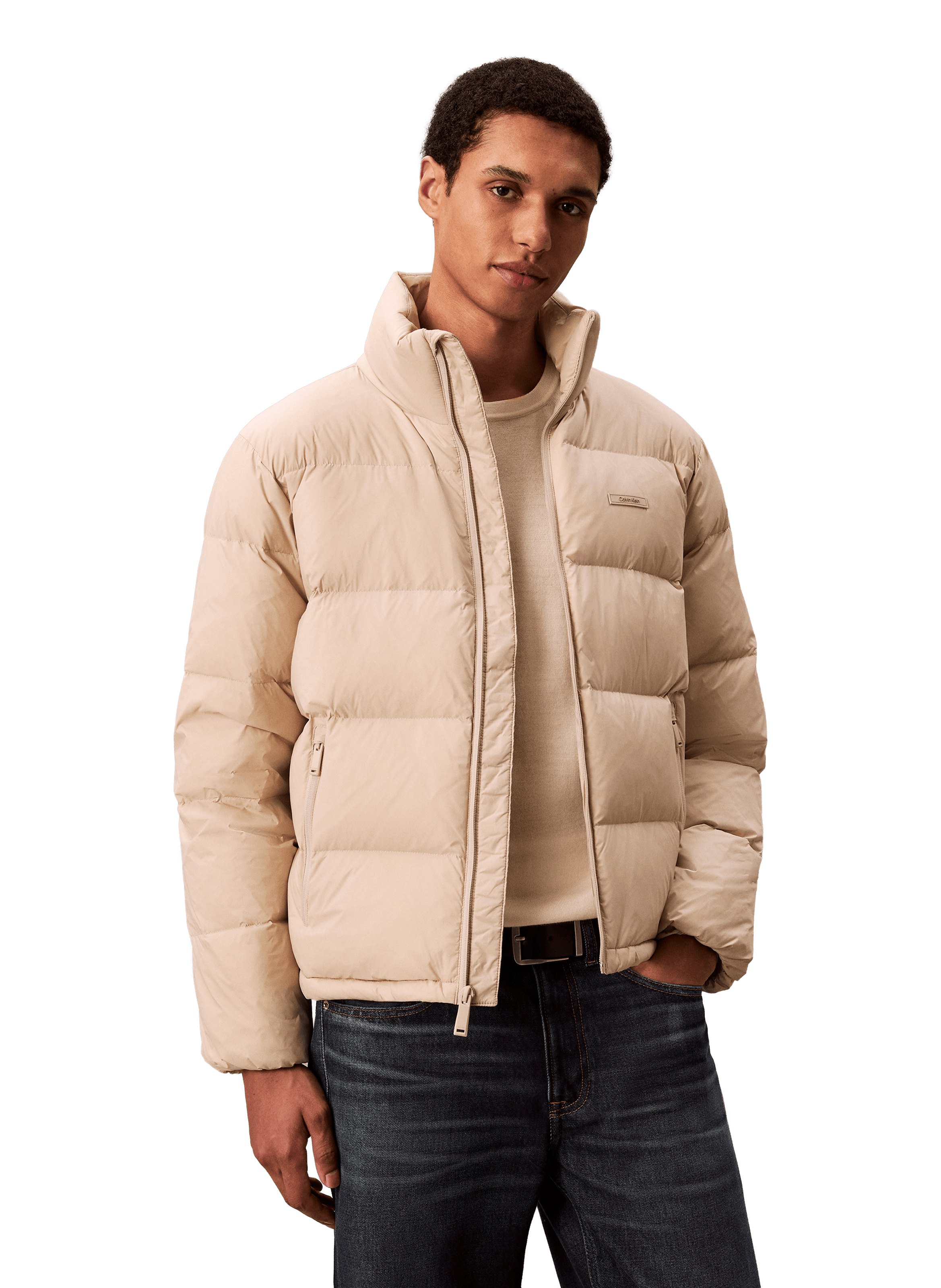 CALVIN KLEIN Quilted straight jacket with high collar Beige