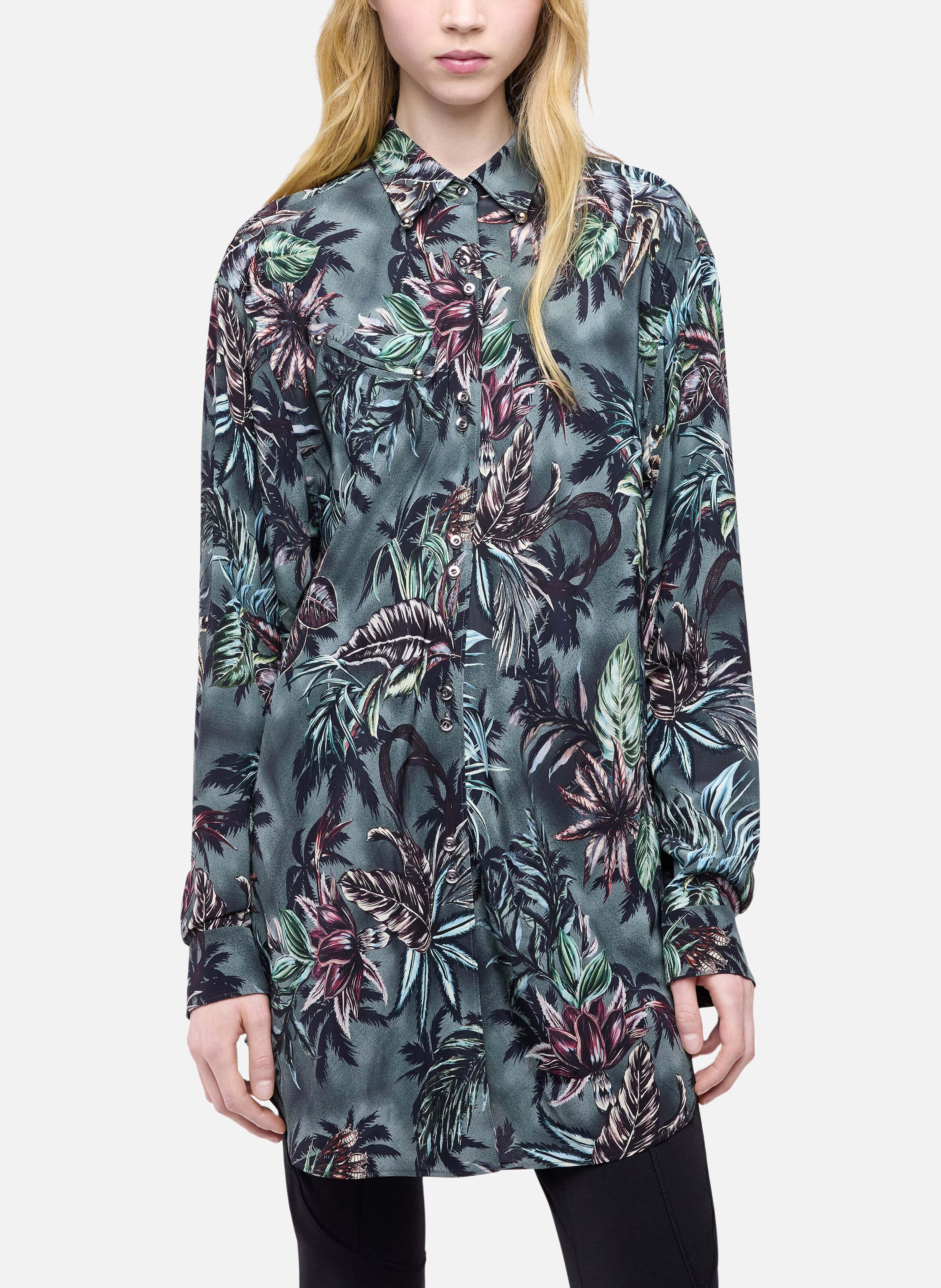 Chemise oversize en crêpe de soie imprimé floral RABANNE Vert