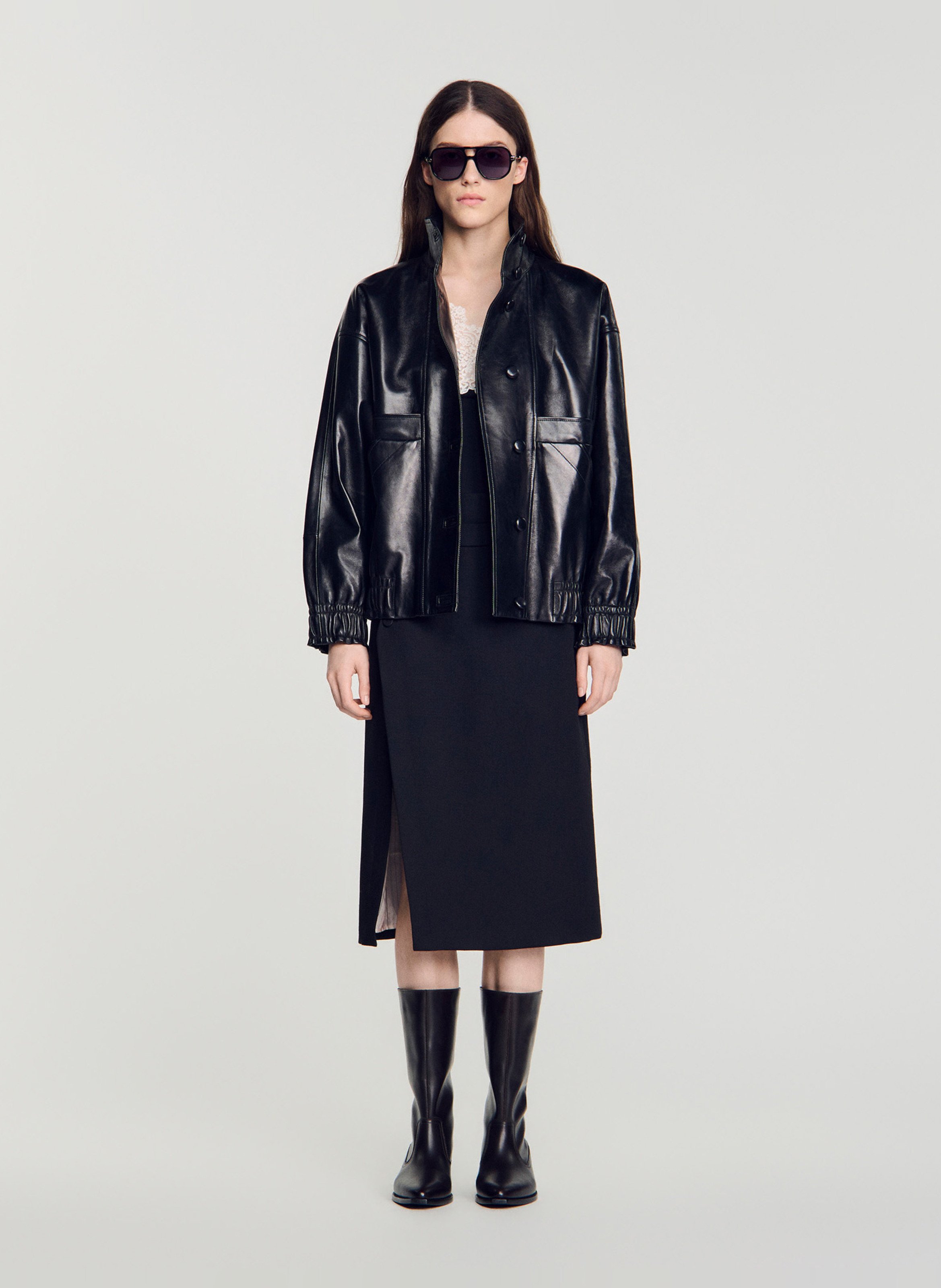 Blouson oversize en cuir SANDRO Noir