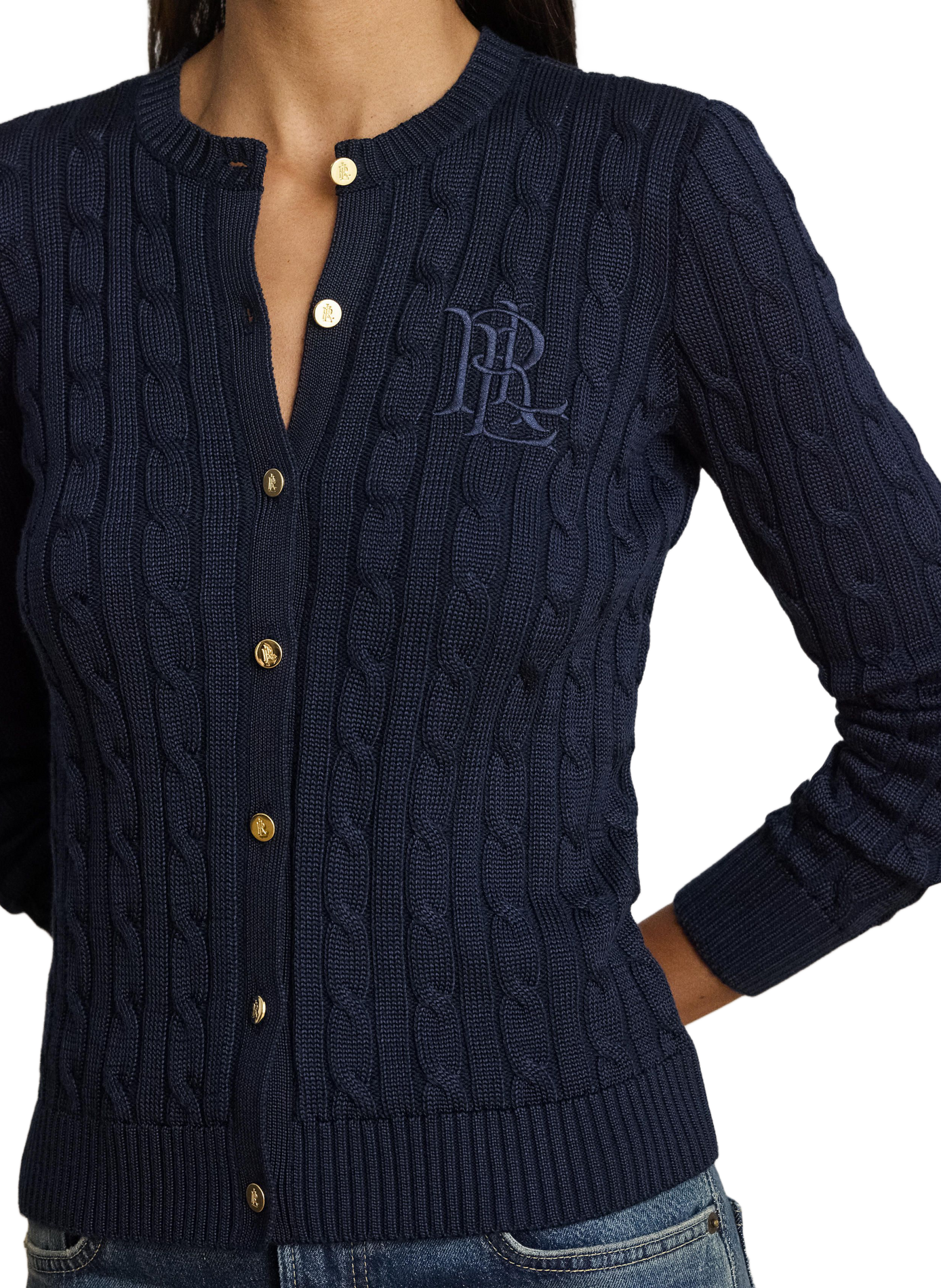 Cardigan with embroidered logo in twisted knit cotton. LAUREN Blue