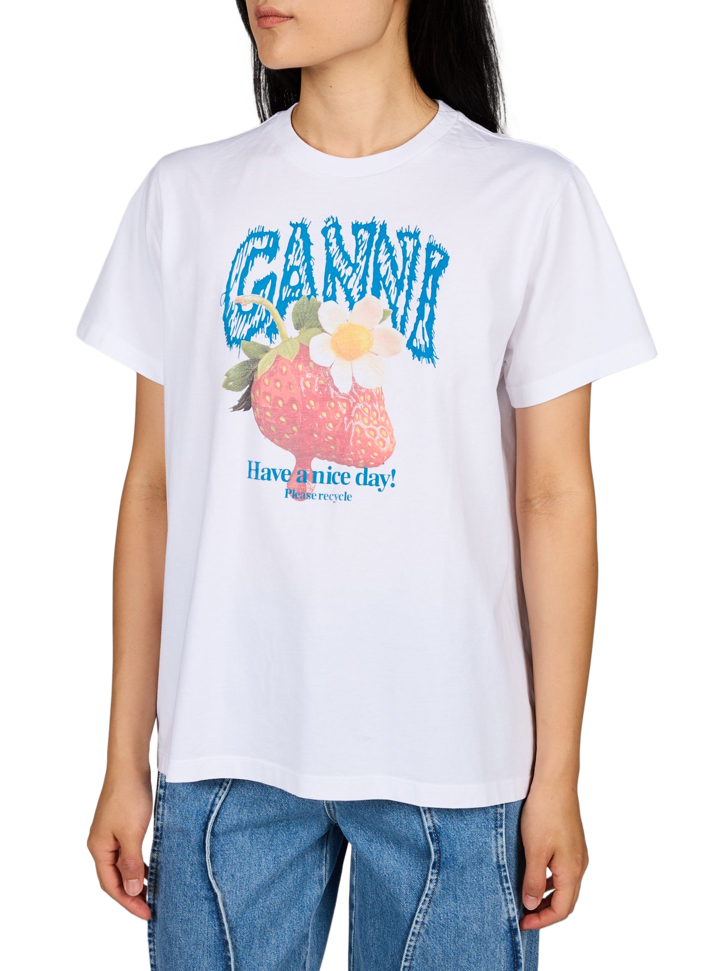 Bedrucktes gerades Baumwoll-T-Shirt GANNI Weiss