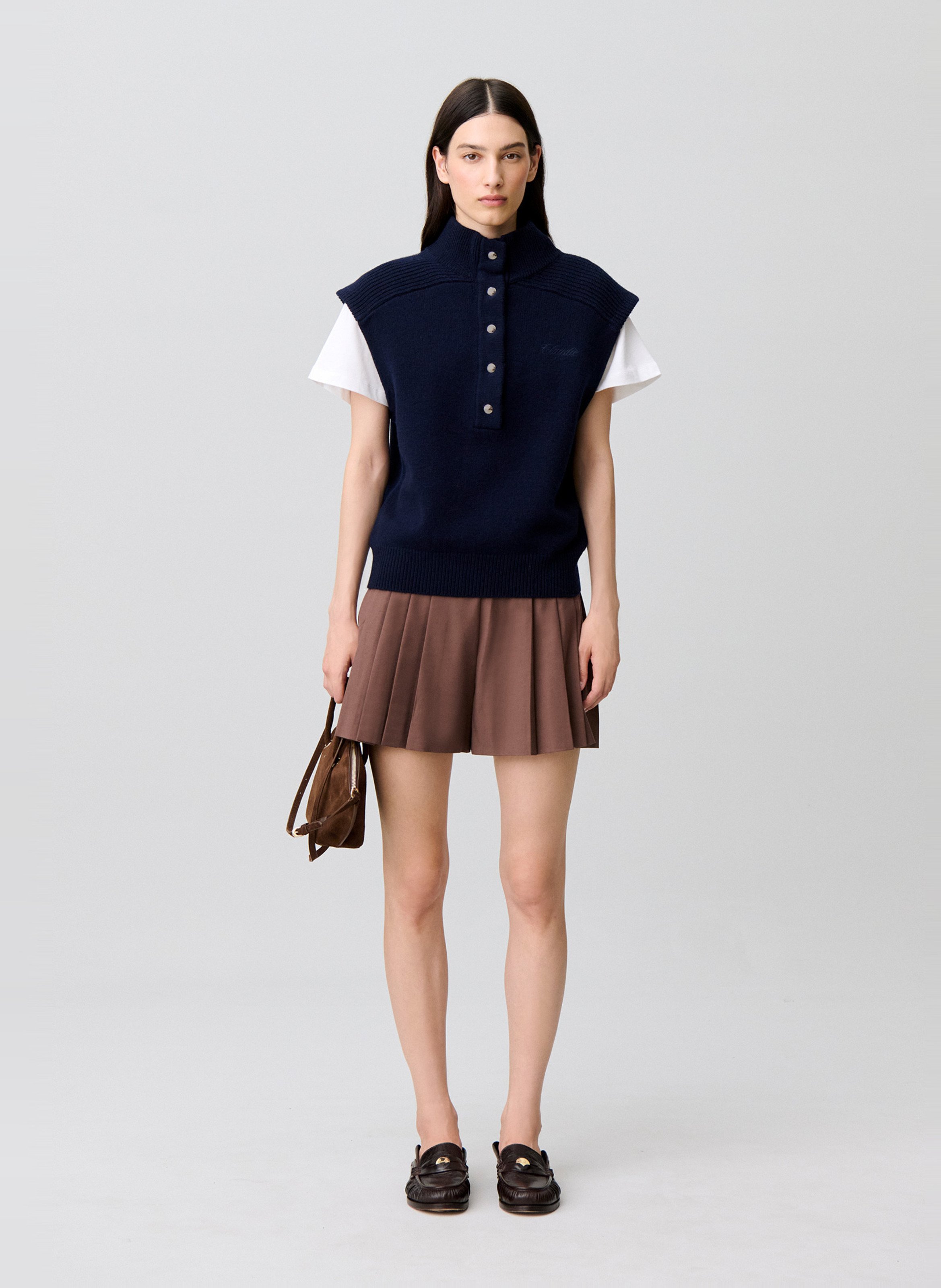 Pull cintré sans manches uni en laine CLAUDIE PIERLOT Bleu