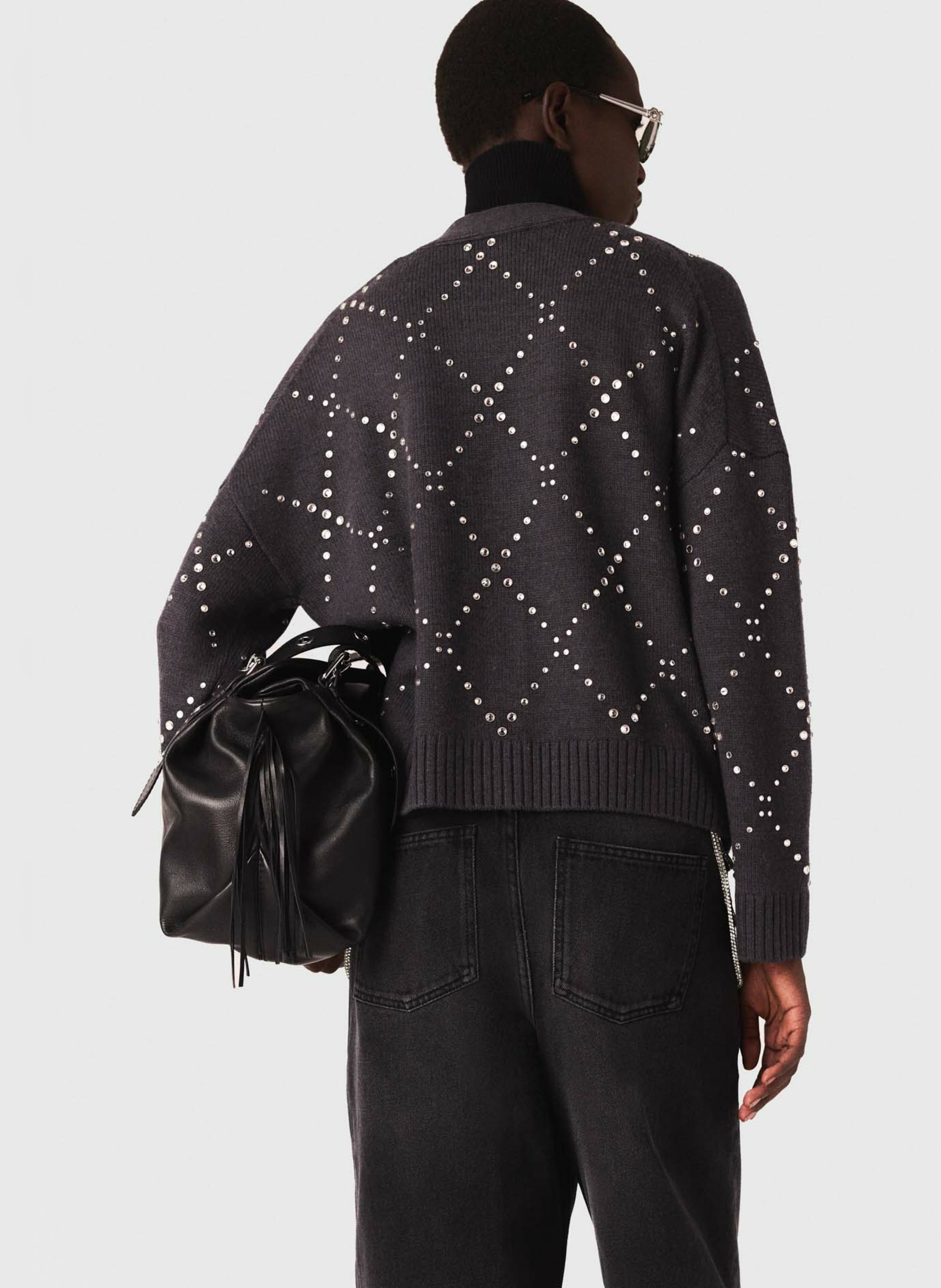 Gilet col v à strass Gris