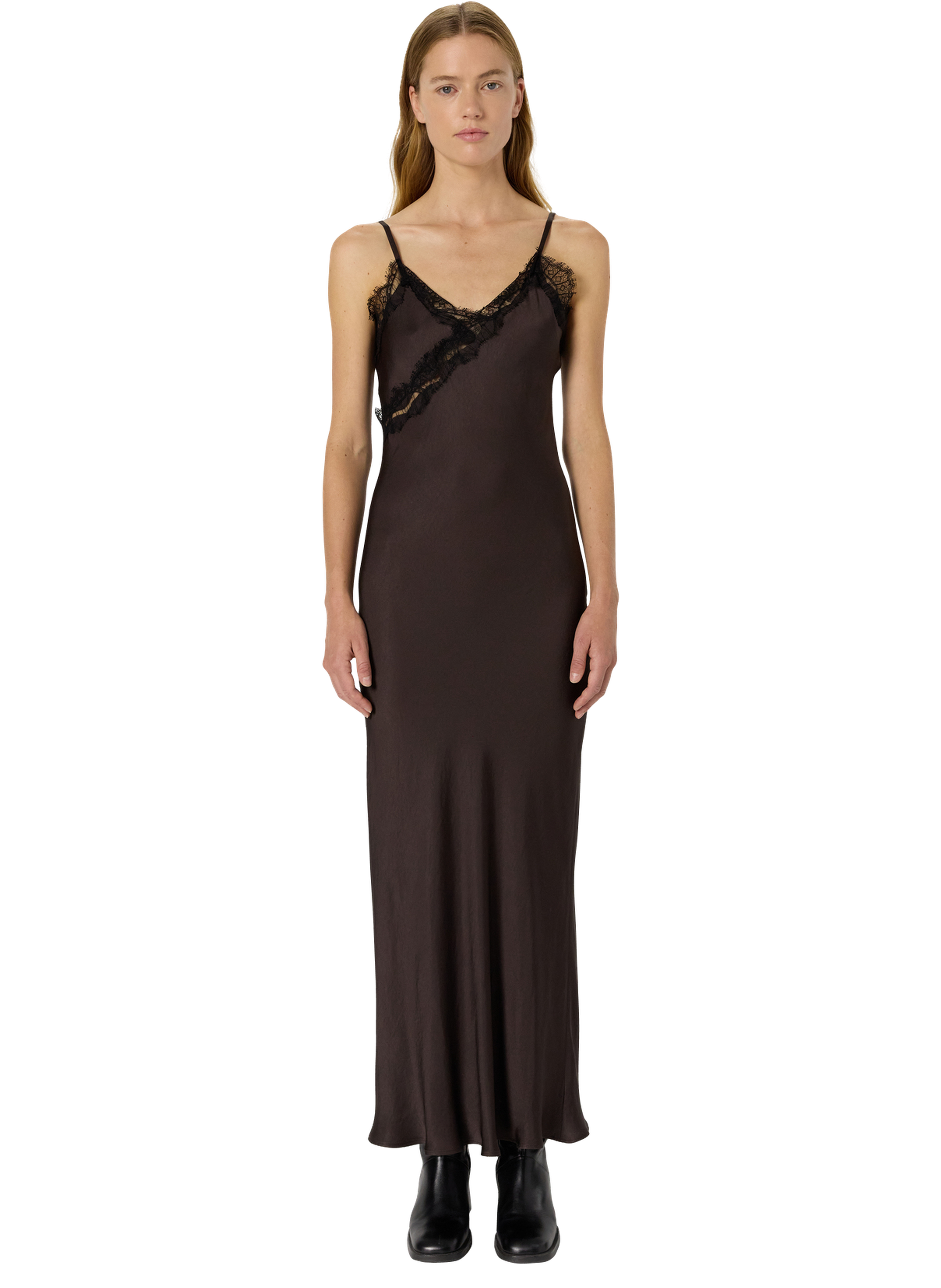 Robe longue à fines bretelles et dentelle - lou GERARD DAREL Marron