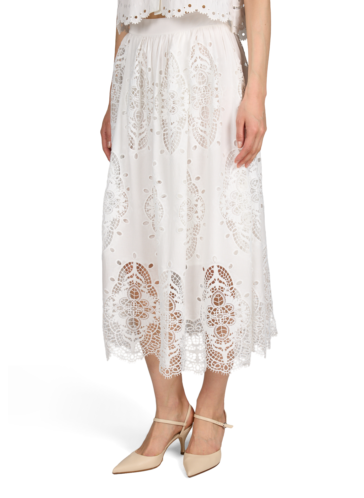 Jupe midi à broderies anglaises en coton BERENICE Blanc