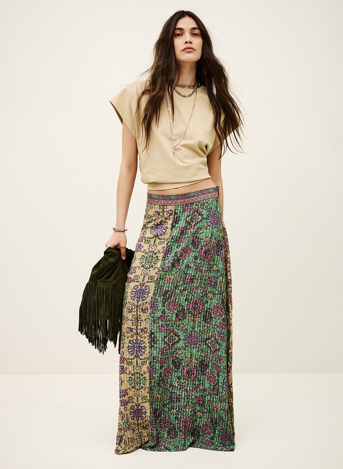 Jupe longue fluide imprimée pario BA&SH Vert
