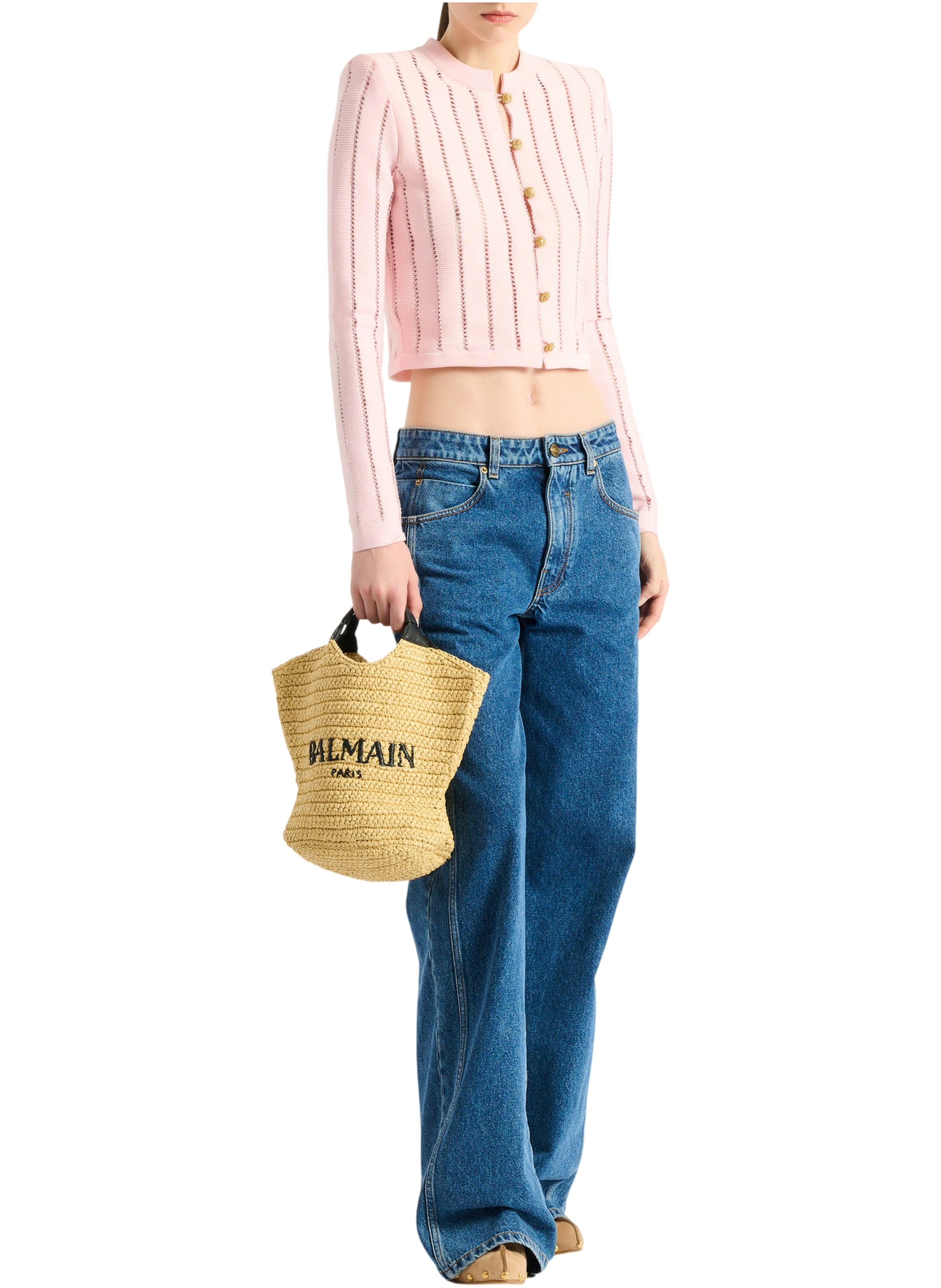 Cardigan court en maille fléchage BALMAIN Rose