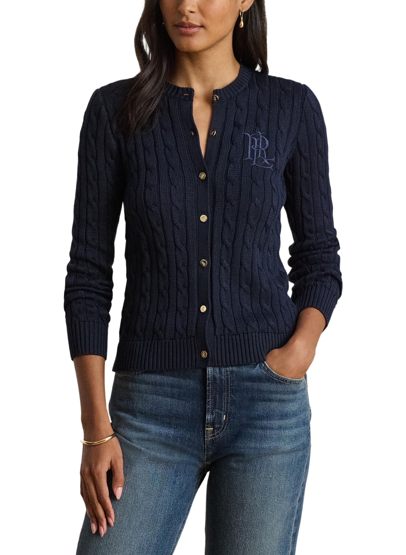 Cardigan with embroidered logo in twisted knit cotton. LAUREN Blue