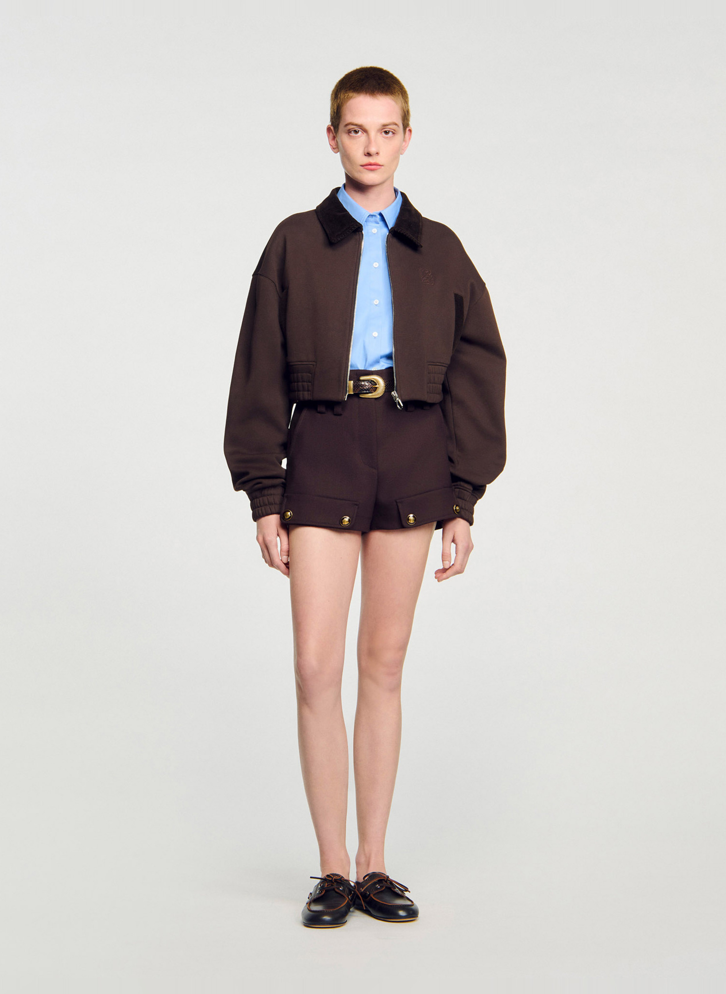 Sweat zippé col classique en coton mélangé SANDRO Marron