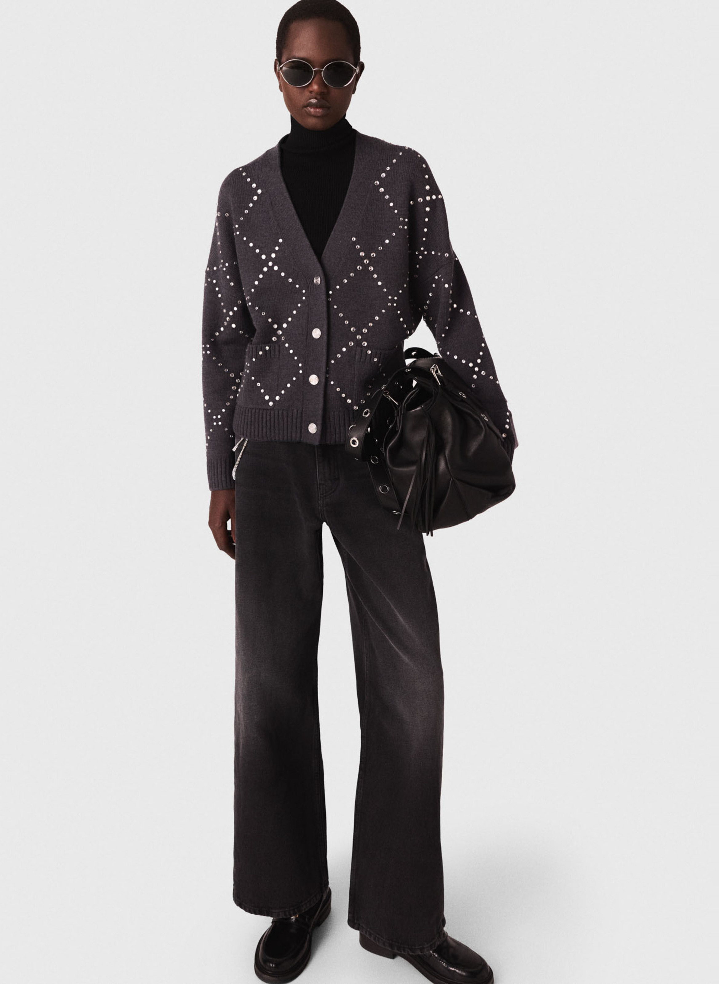 Gilet col v à strass Gris