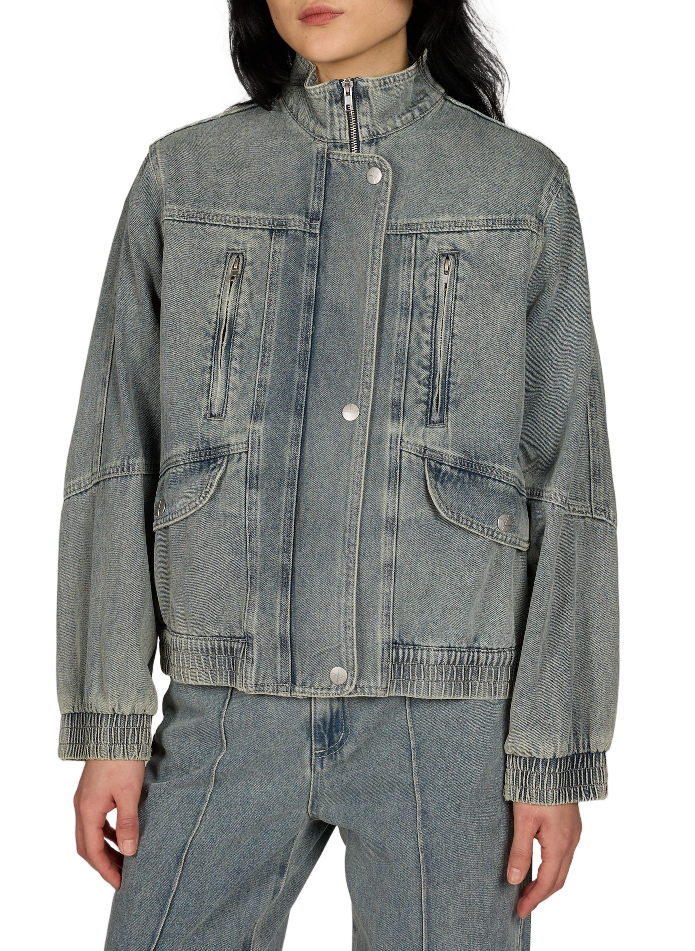 Jacket with high collar in cotton denim ROUGE EDIT Blue