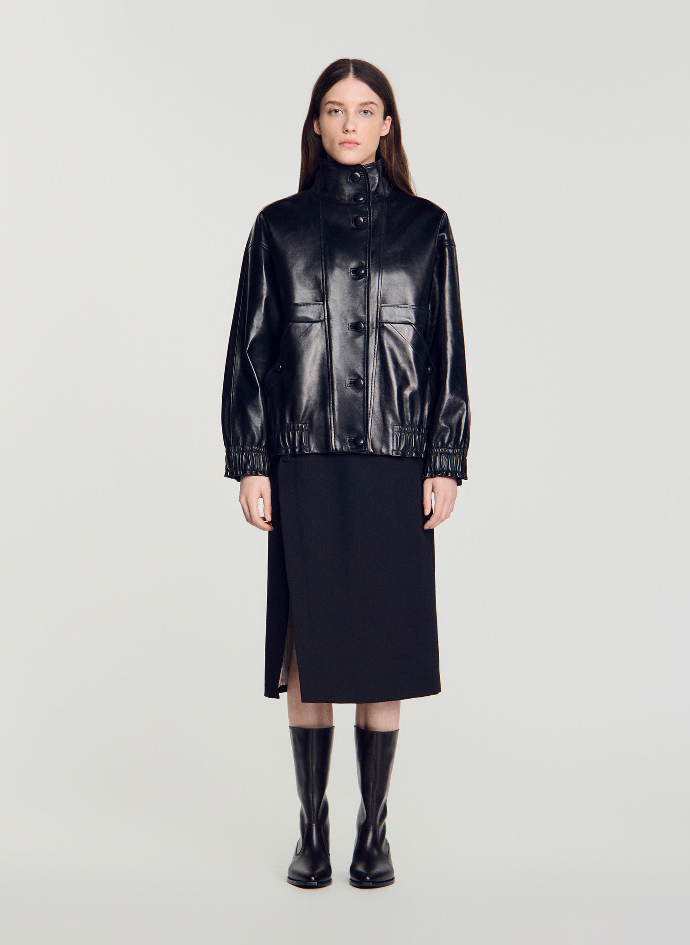 Blouson oversize en cuir SANDRO Noir