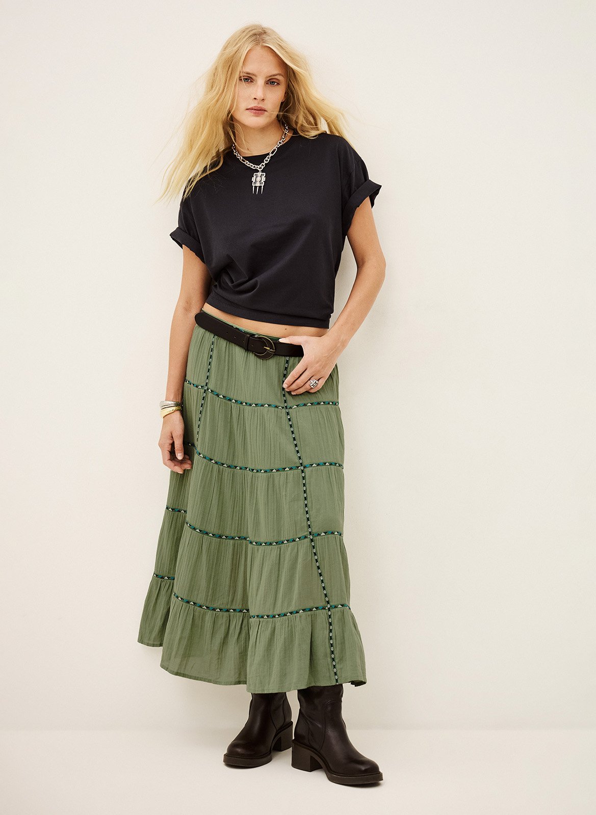 Jupe longue évasée à broderies paloma BA&SH Vert