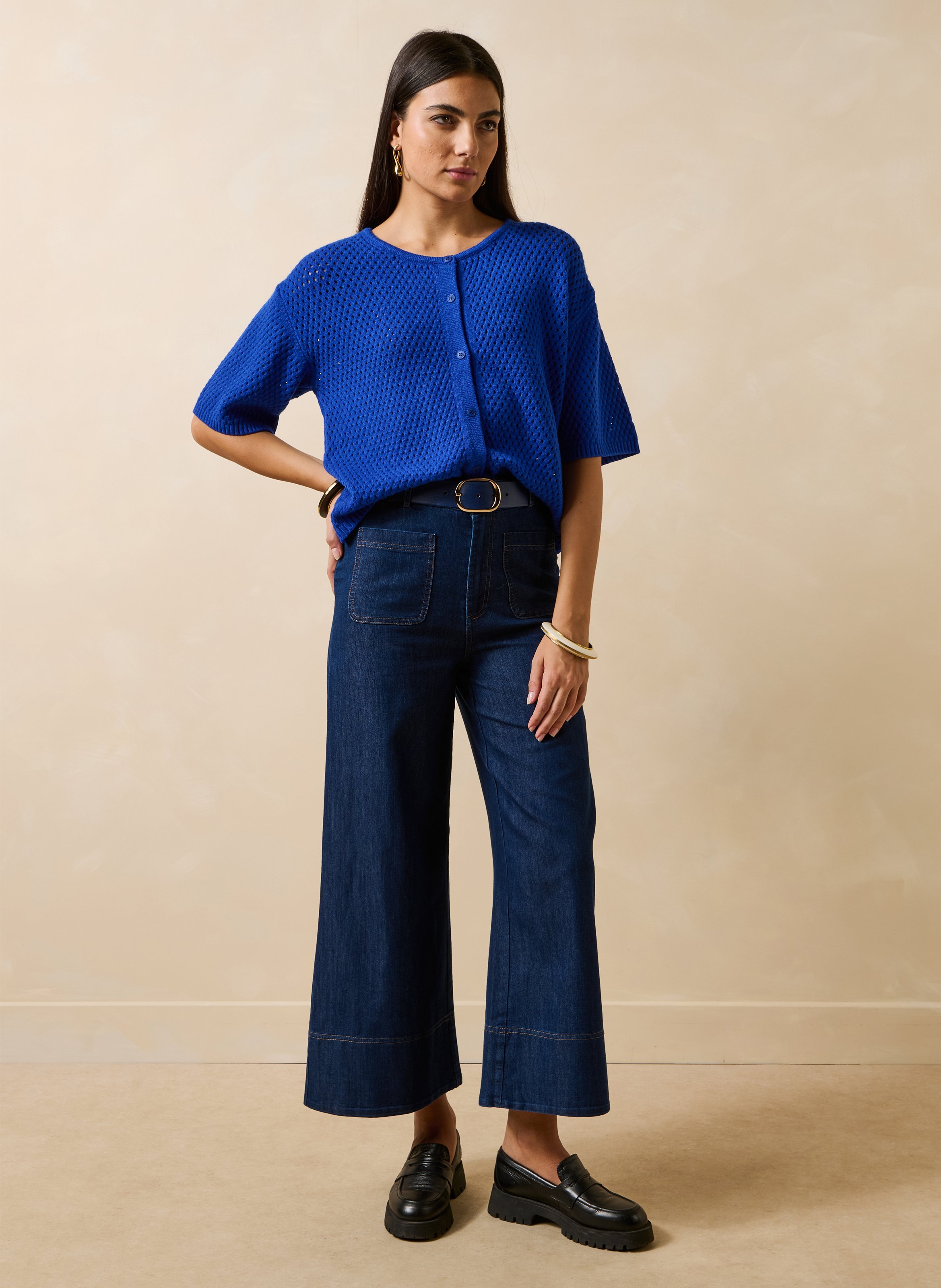 Ruimvallend vest met ronde hals in opengewerkt breisel LA FEE MARABOUTEE Blauw