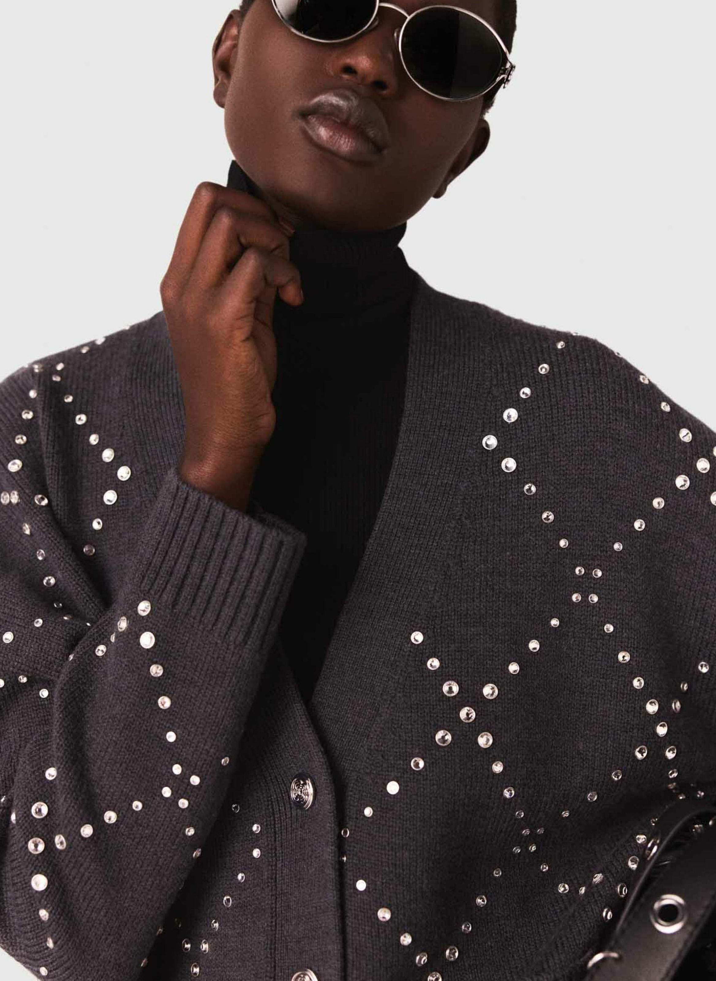 Gilet col v à strass Gris