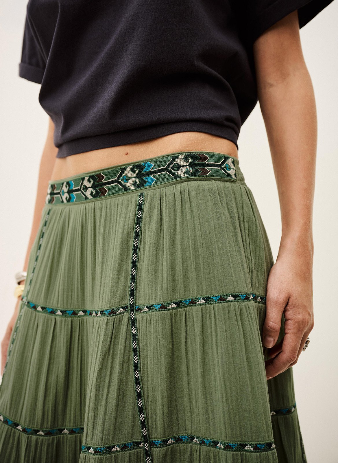 Jupe longue évasée à broderies paloma BA&SH Vert