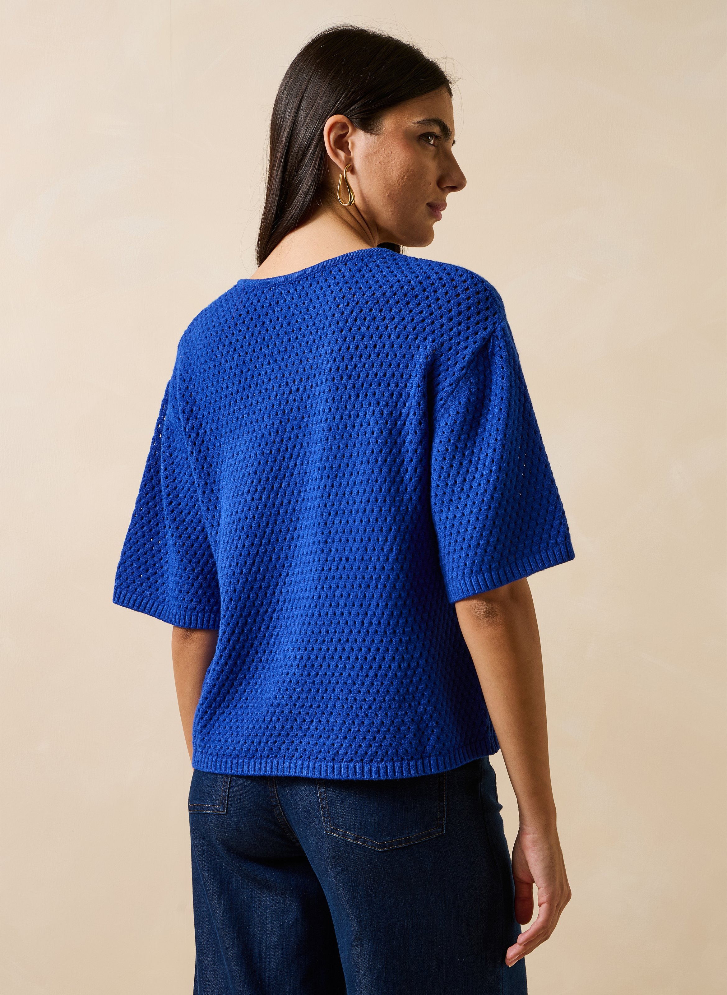 Ruimvallend vest met ronde hals in opengewerkt breisel LA FEE MARABOUTEE Blauw