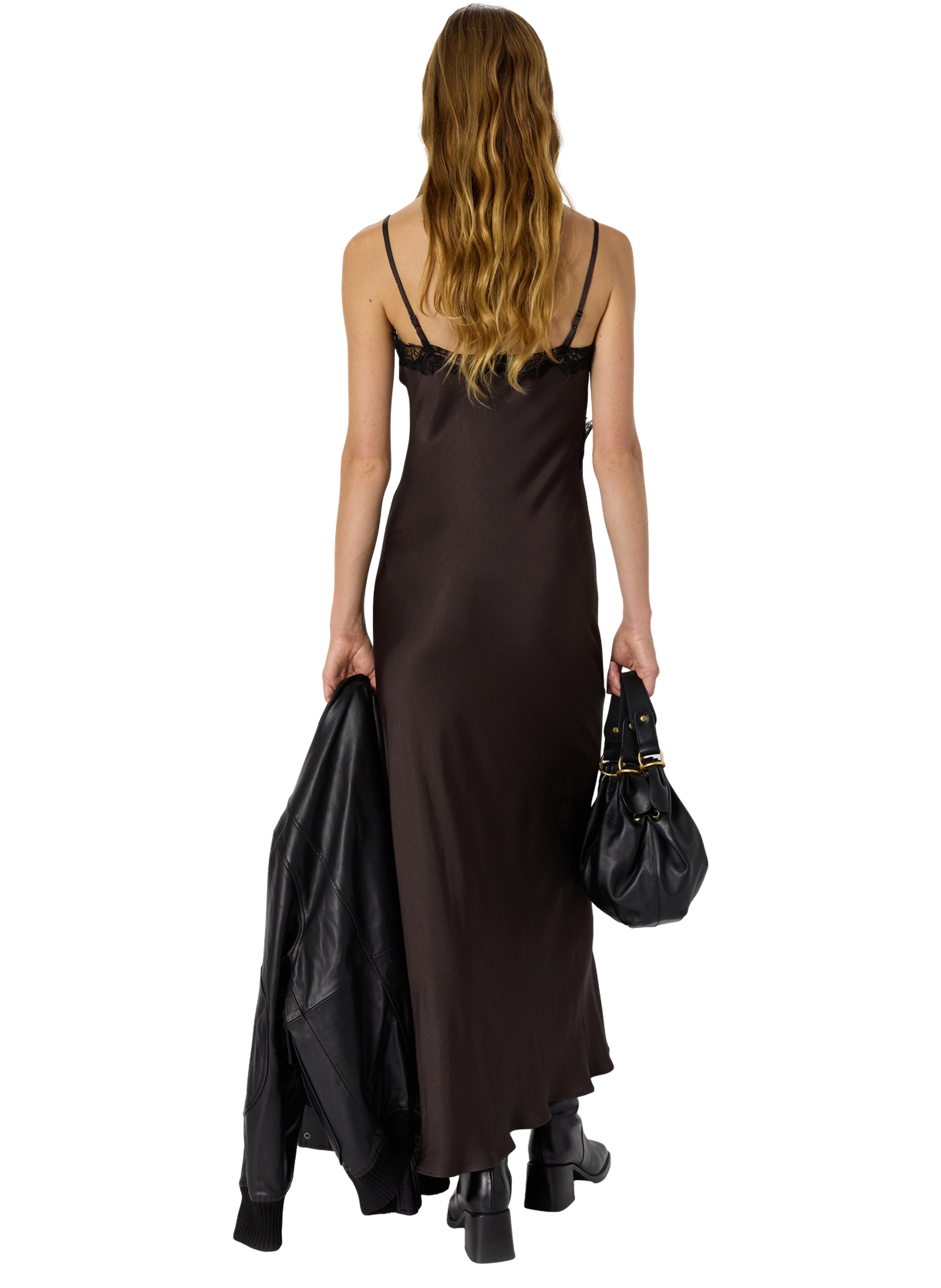 Robe longue à fines bretelles et dentelle - lou GERARD DAREL Marron