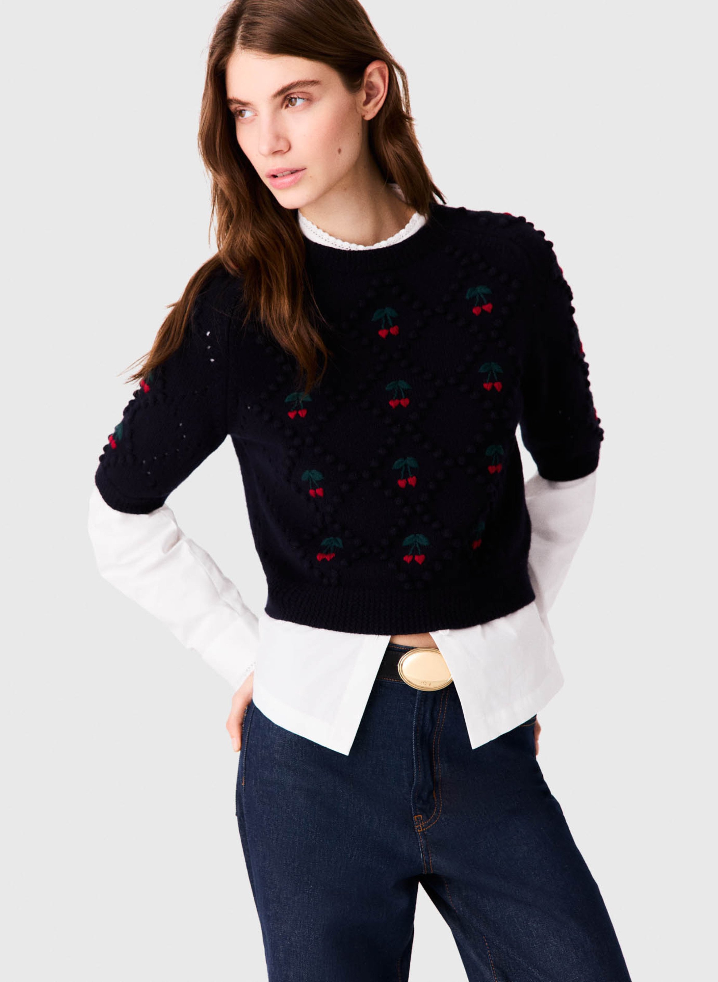Pull droit col rond brodé en laine MAJE Bleu