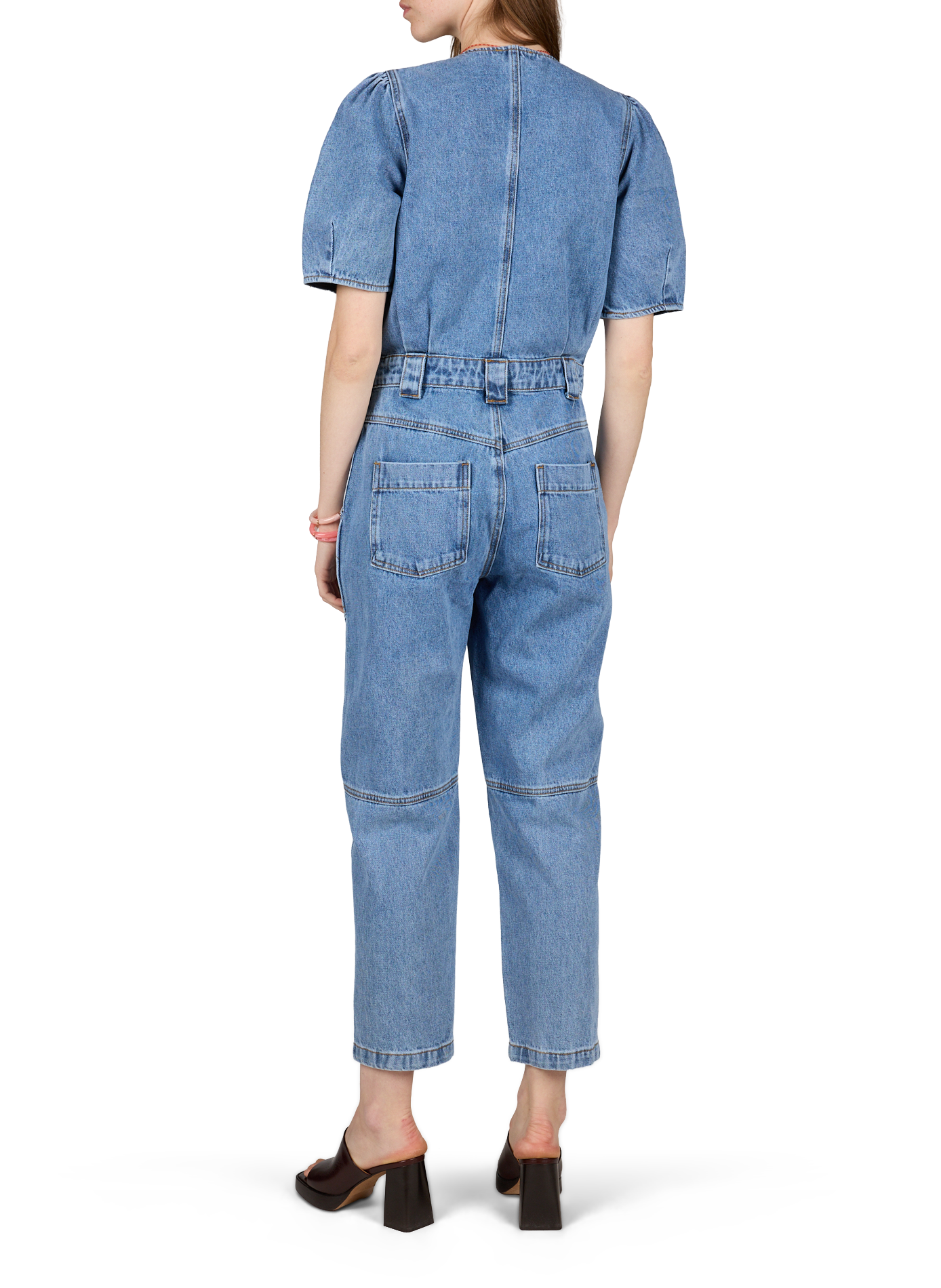 Short-sleeved V-neck denim cotton jumpsuit SUNCOO Blue