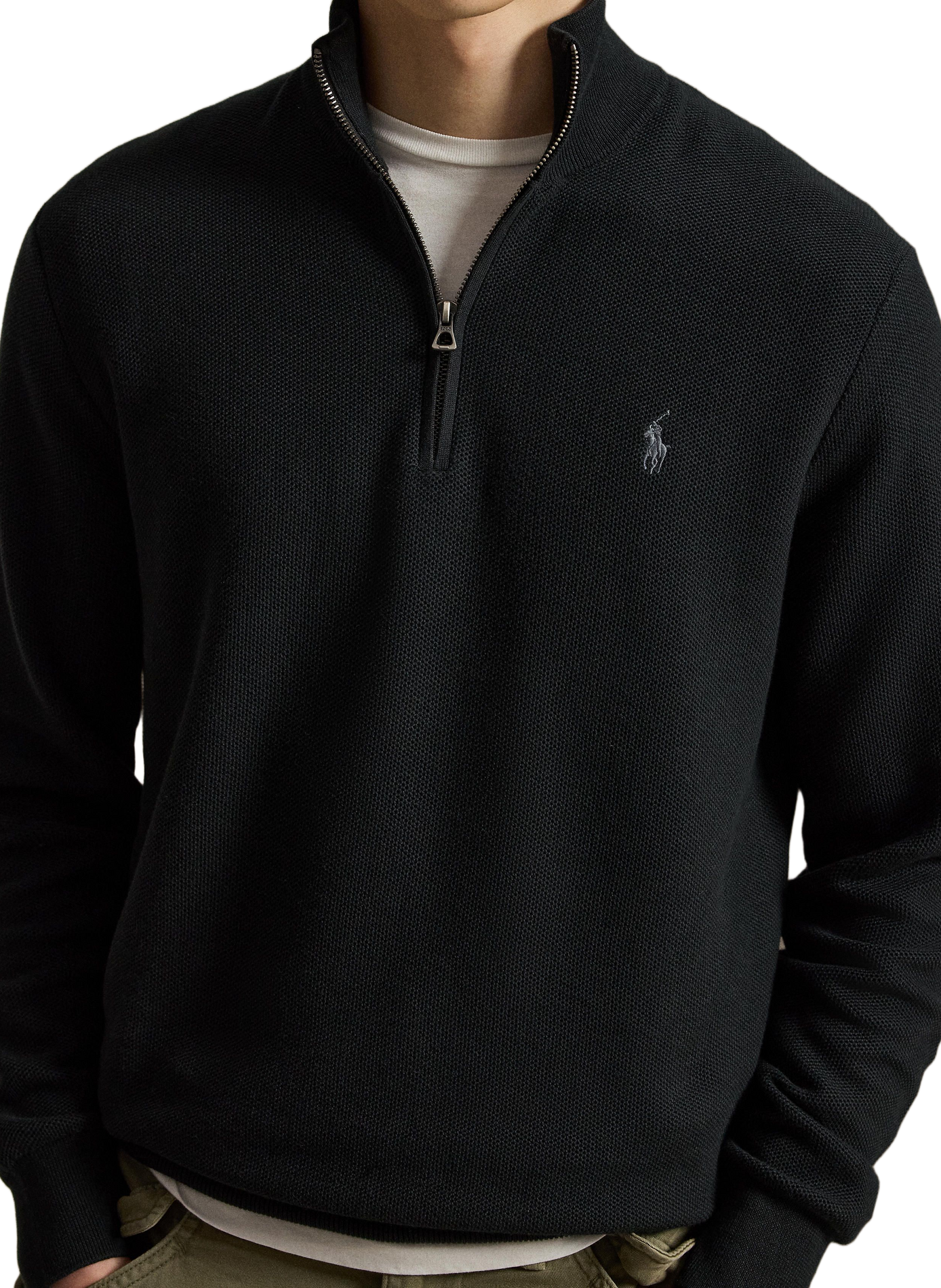 Cotton textured knit zip-up sweater. POLO RALPH LAUREN Black