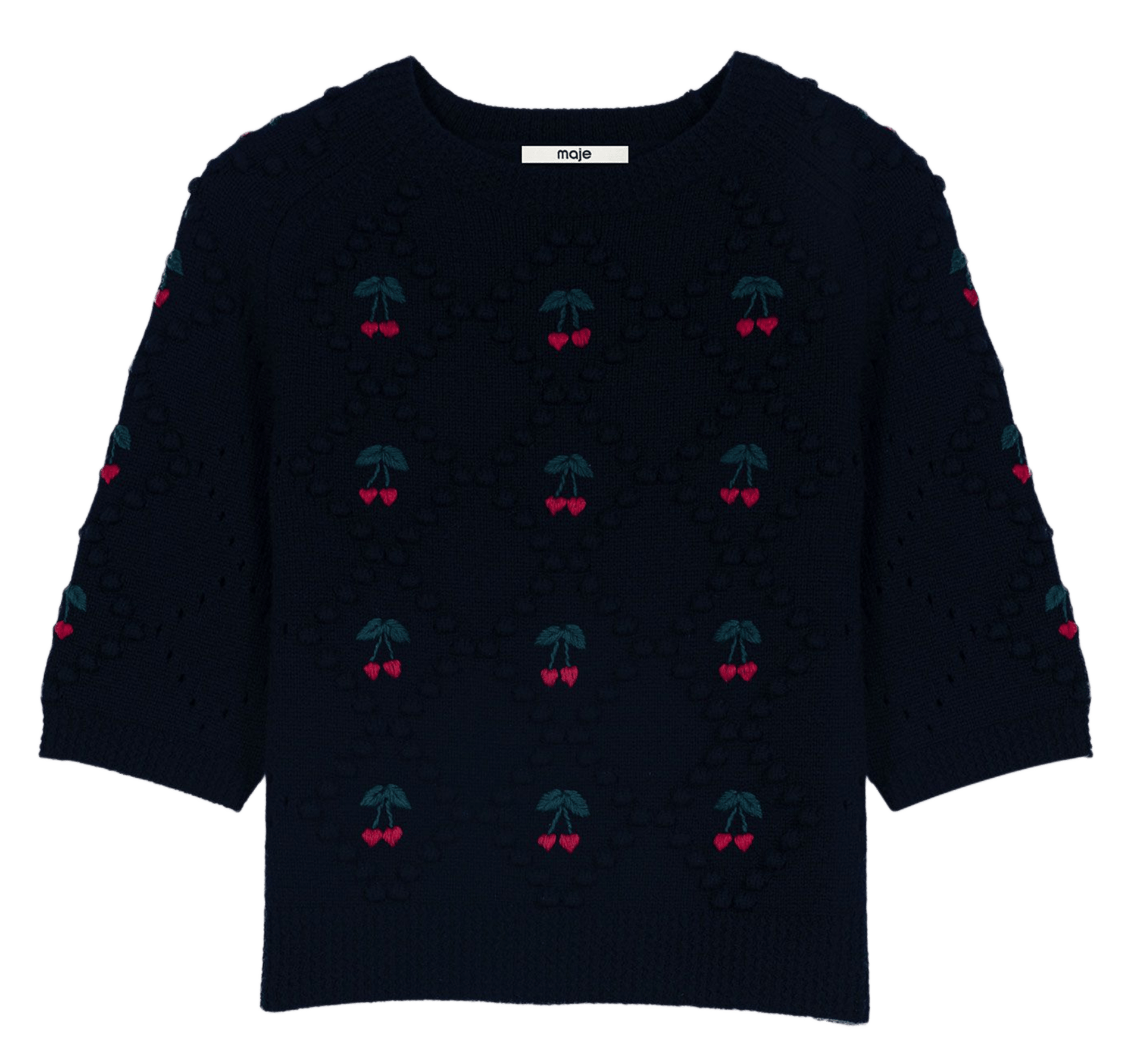 Pull droit col rond brodé en laine MAJE Bleu