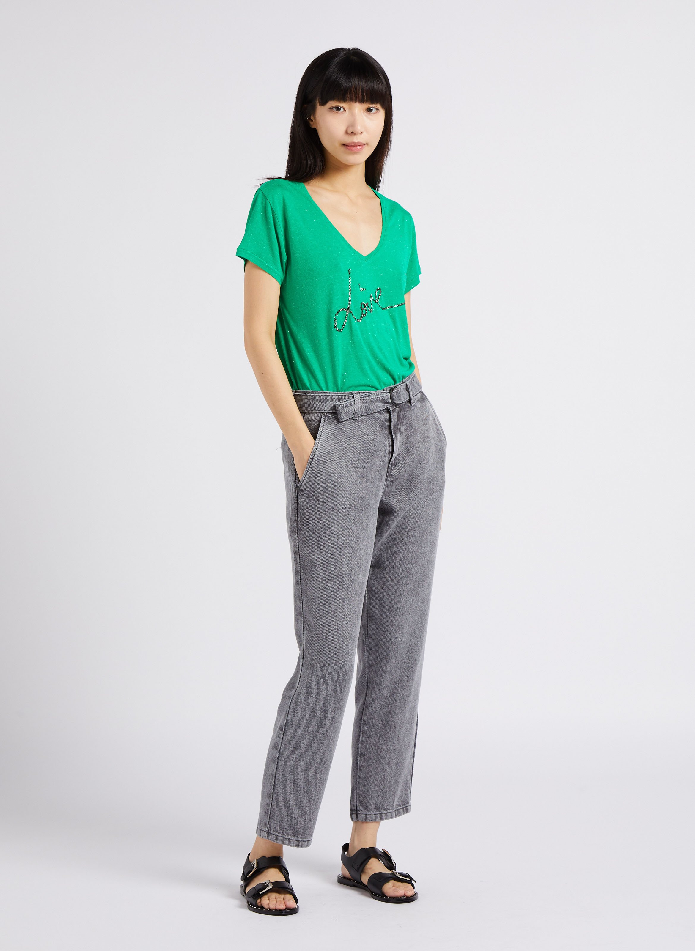 Jean baggy cropped taille haute délavé andrea IKKS Gris