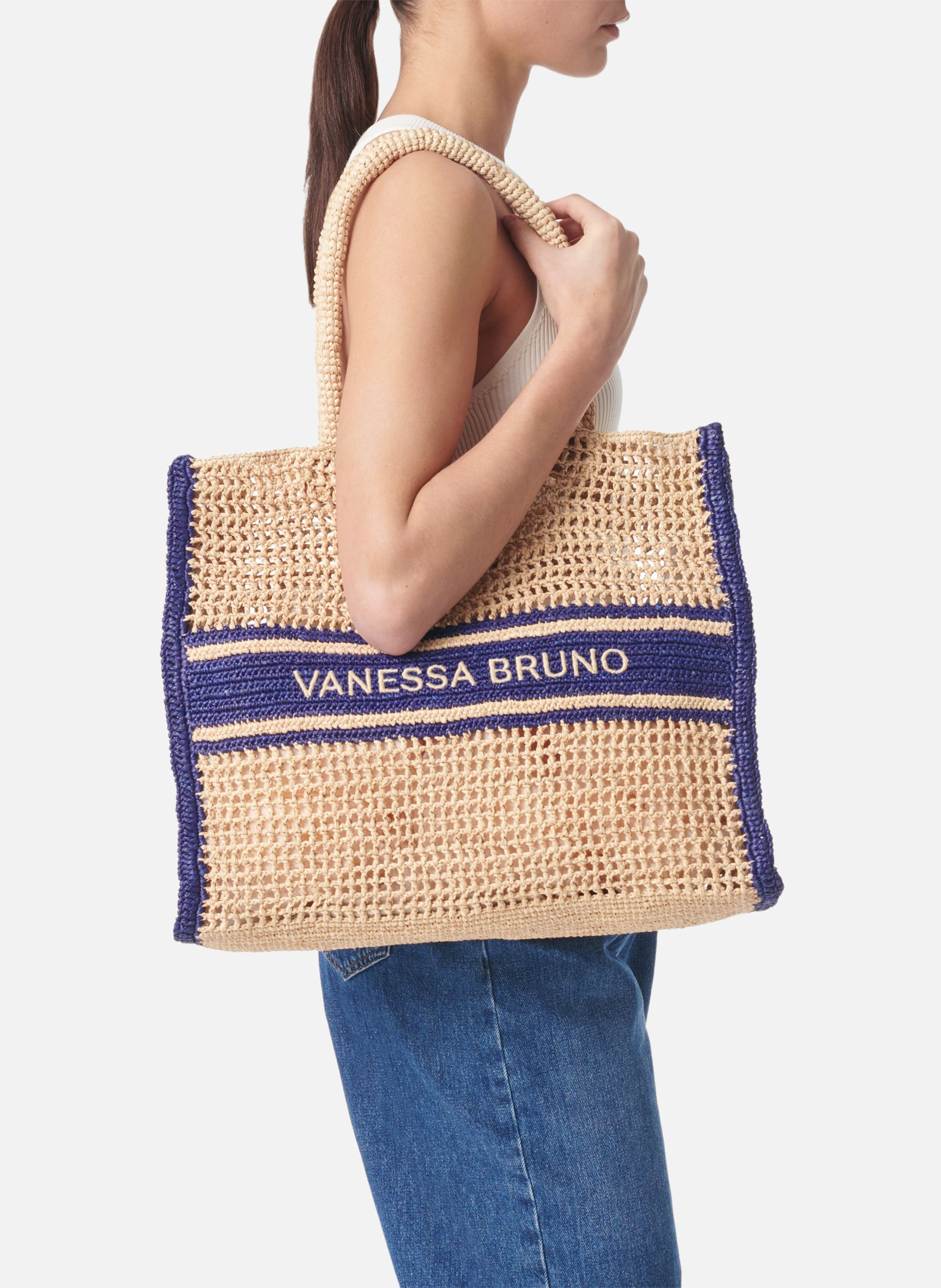 Grand panier en raphia avec rayures VANESSA BRUNO Bleu