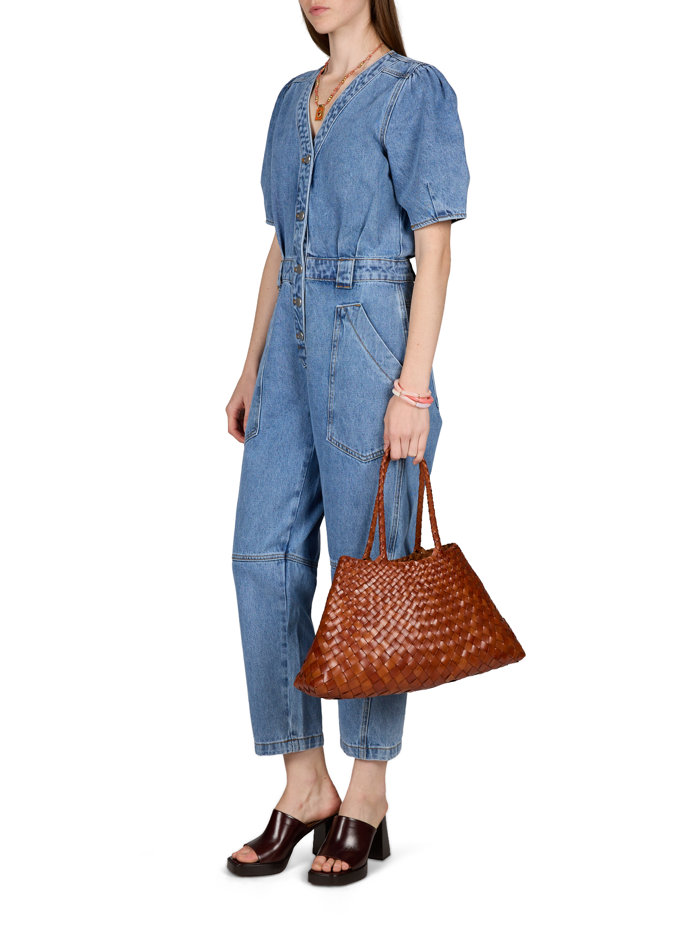 Short-sleeved V-neck denim cotton jumpsuit SUNCOO Blue