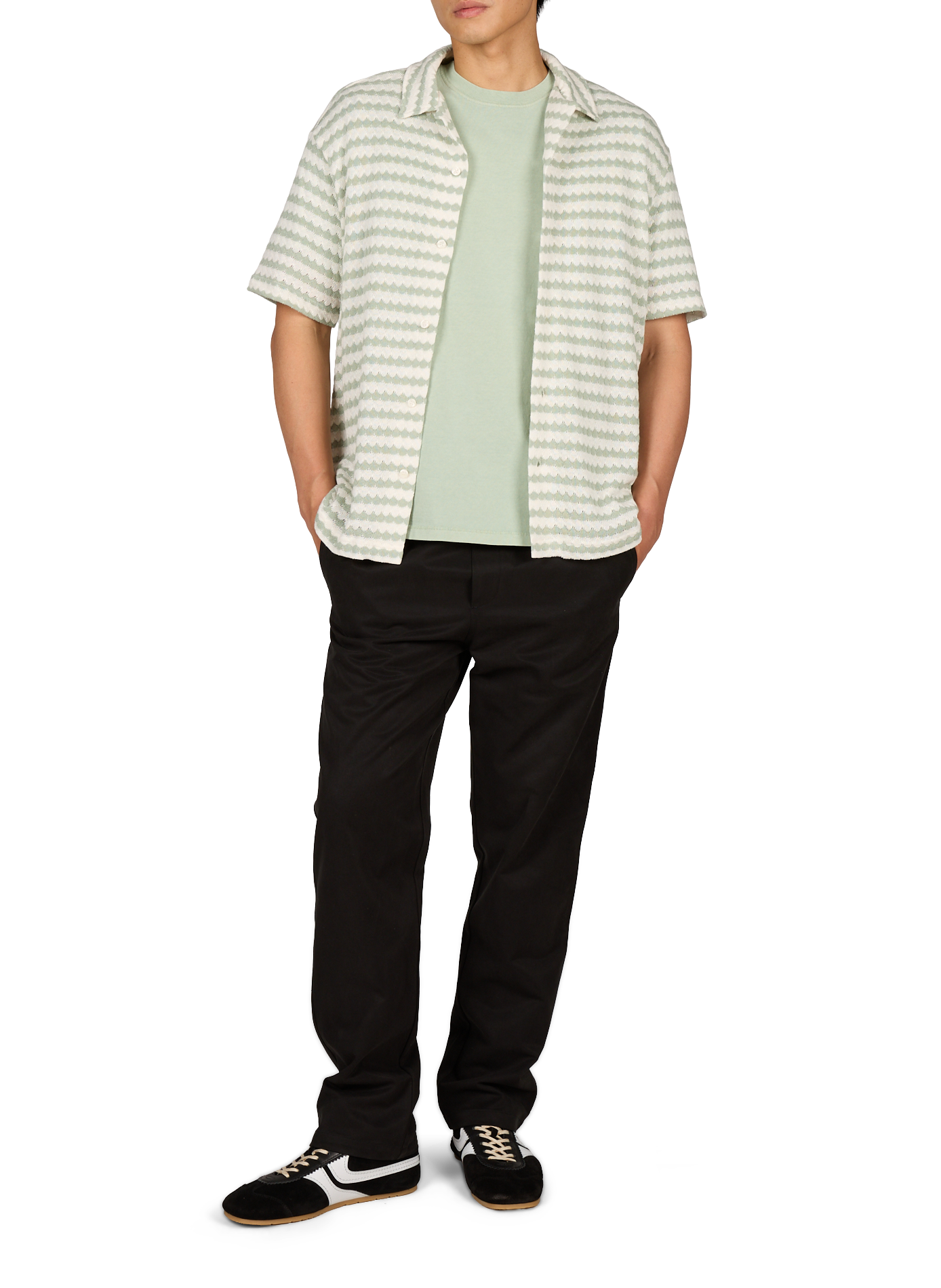Camicia diritta a righe a maniche corte in cotone SELECTED Verde